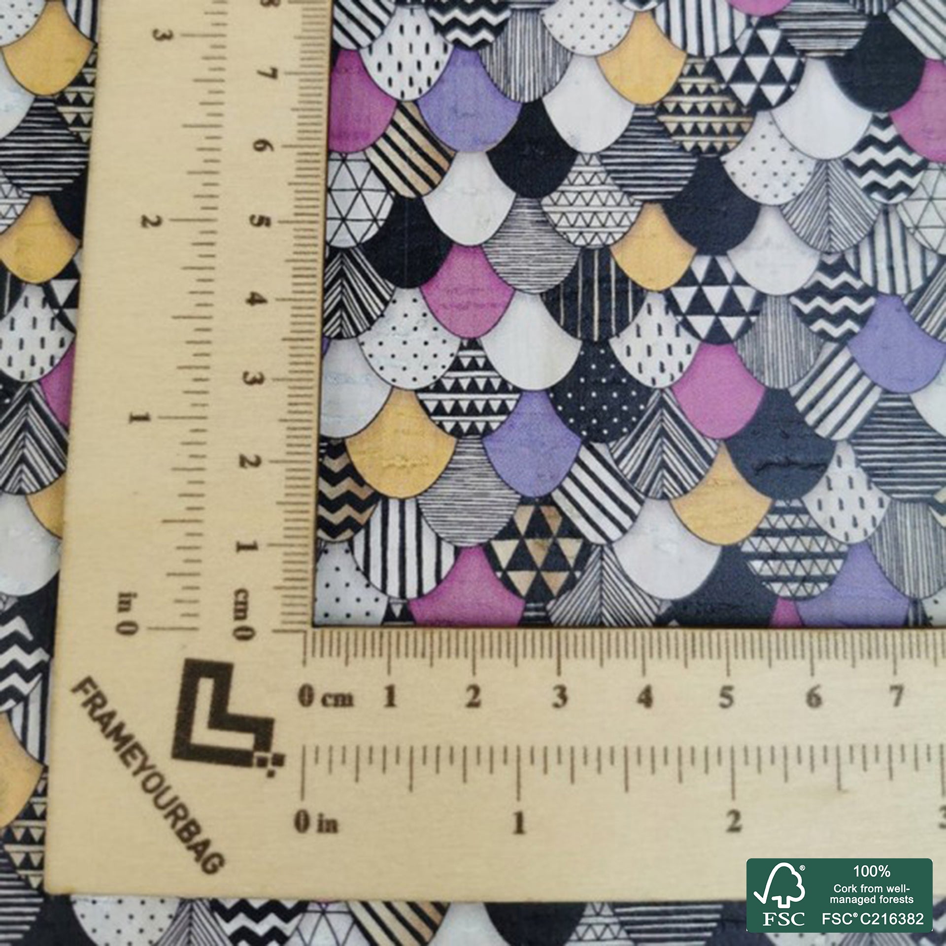 Abstract printed pattern on white cork fabric (245)