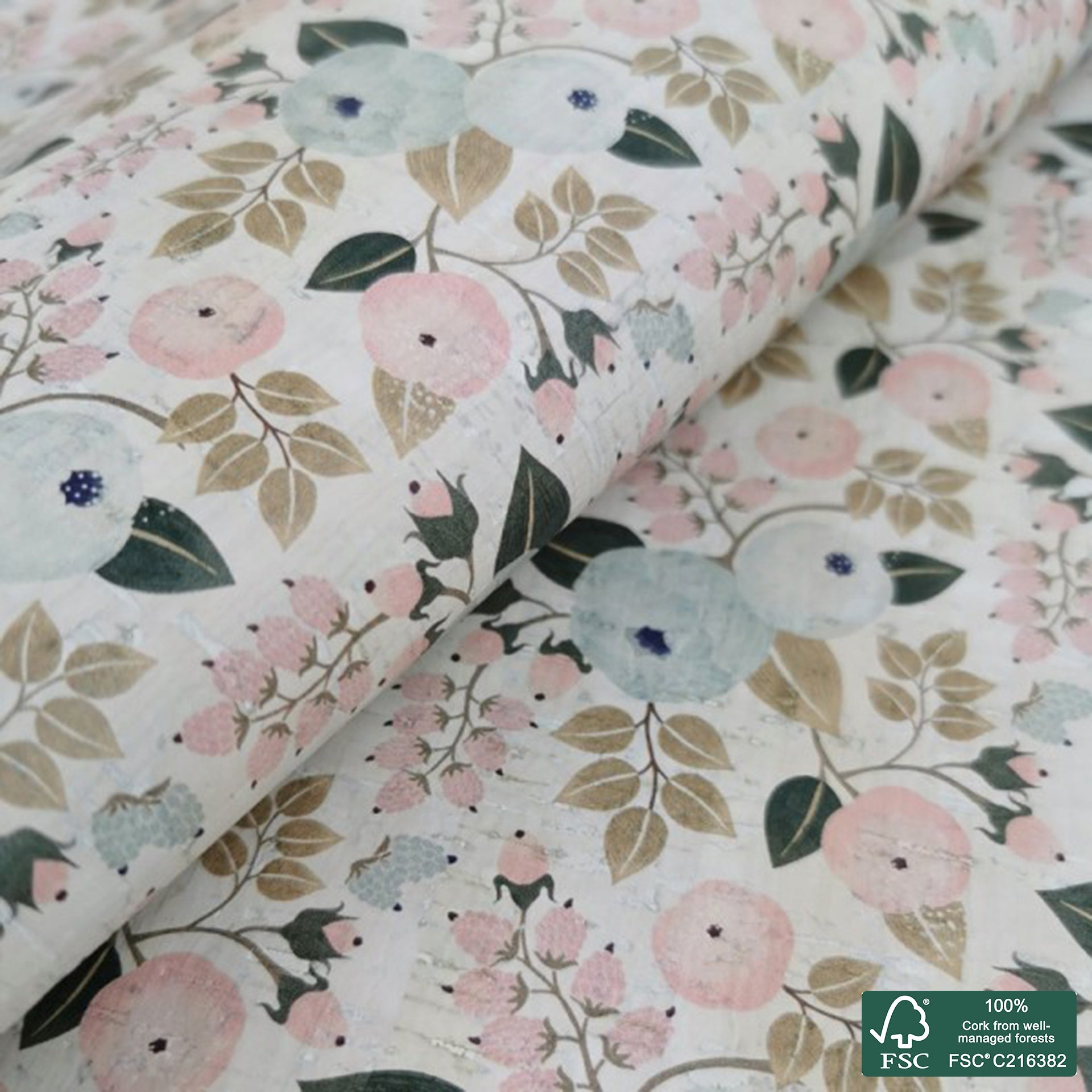 Flowers printed pattern on white cork fabric (246)