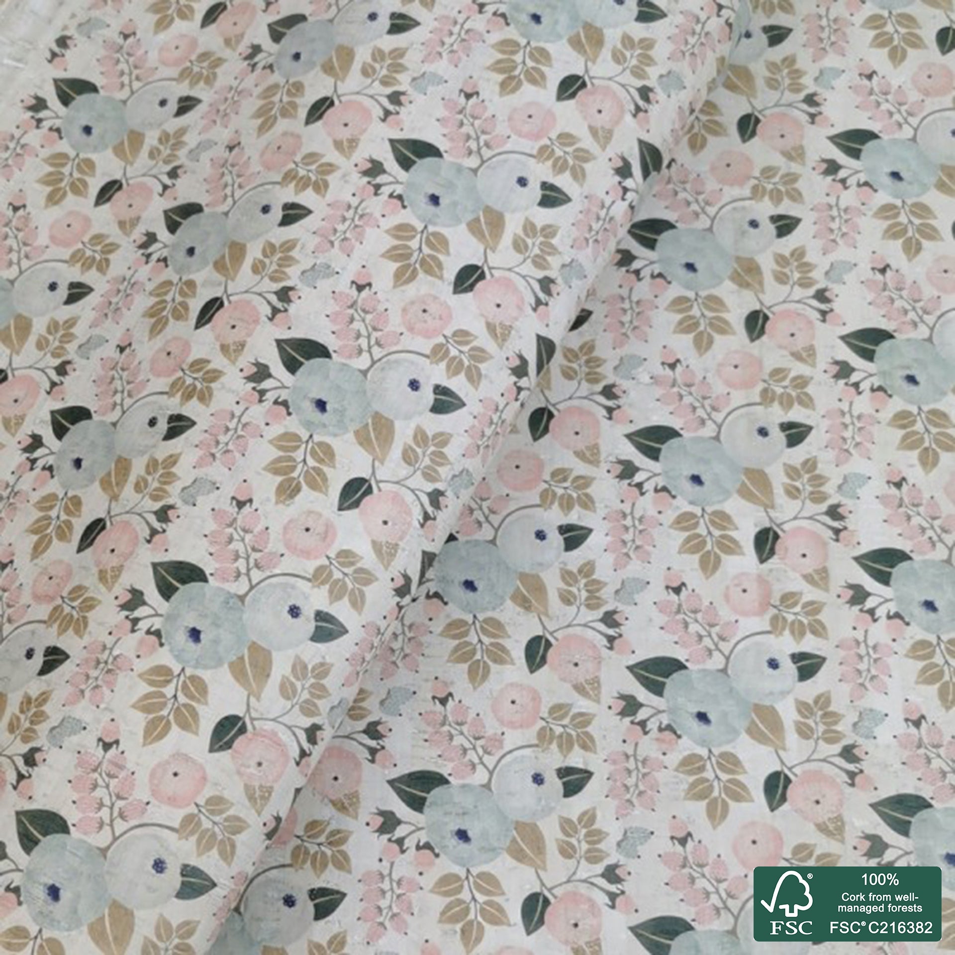 Flowers printed pattern on white cork fabric (246)