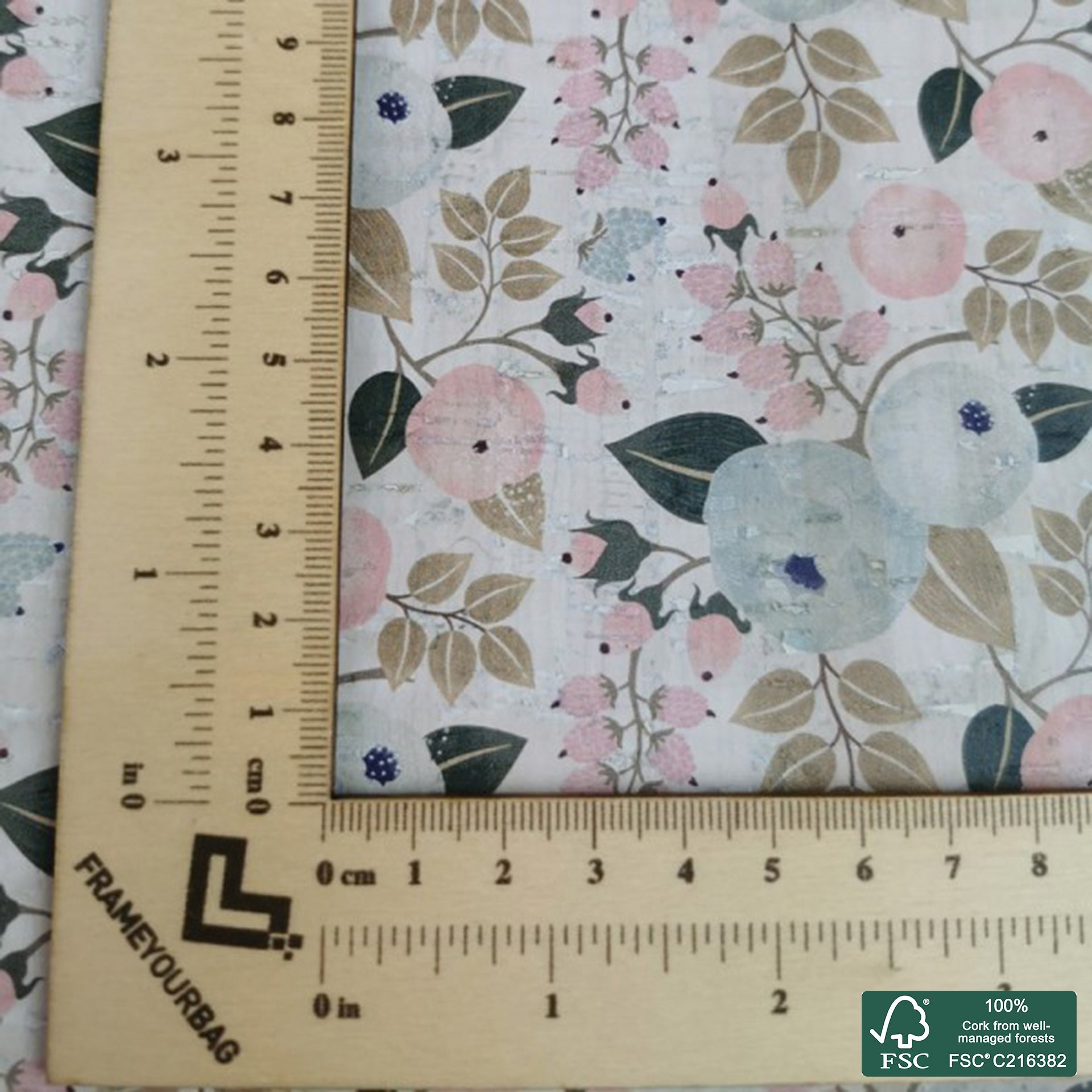 Flowers printed pattern on white cork fabric (246)
