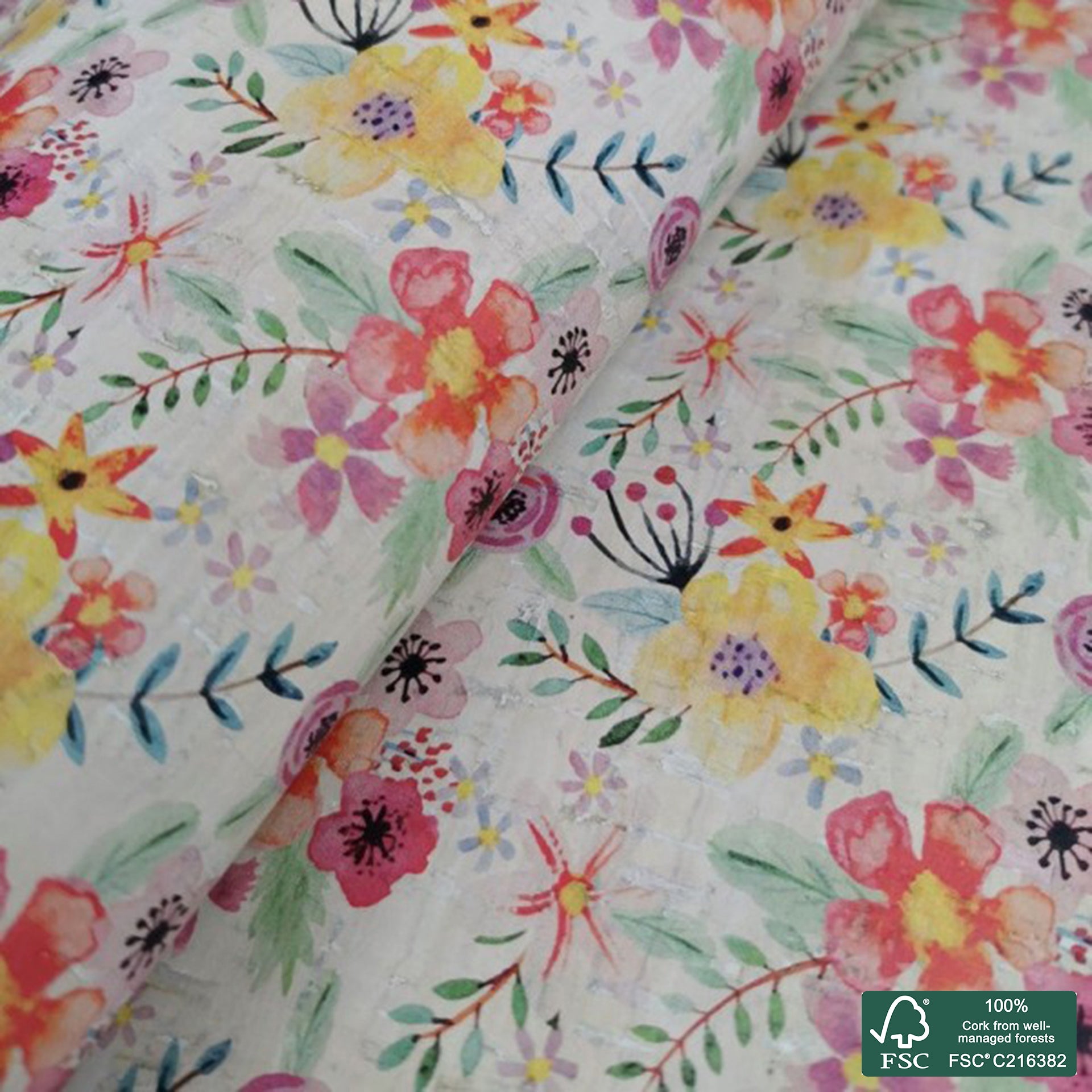 Flowers printed pattern on white cork fabric (247)