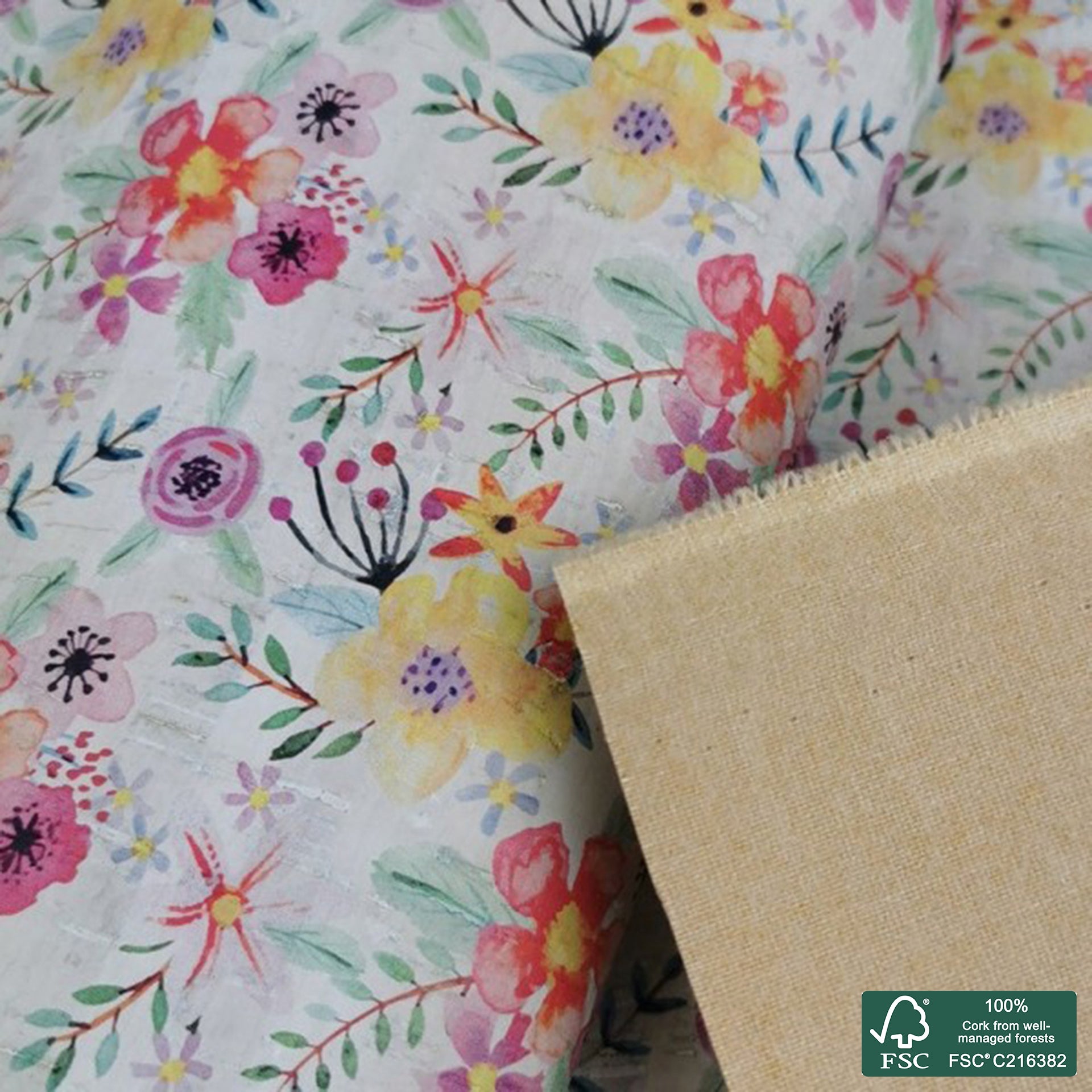 Flowers printed pattern on white cork fabric (247)