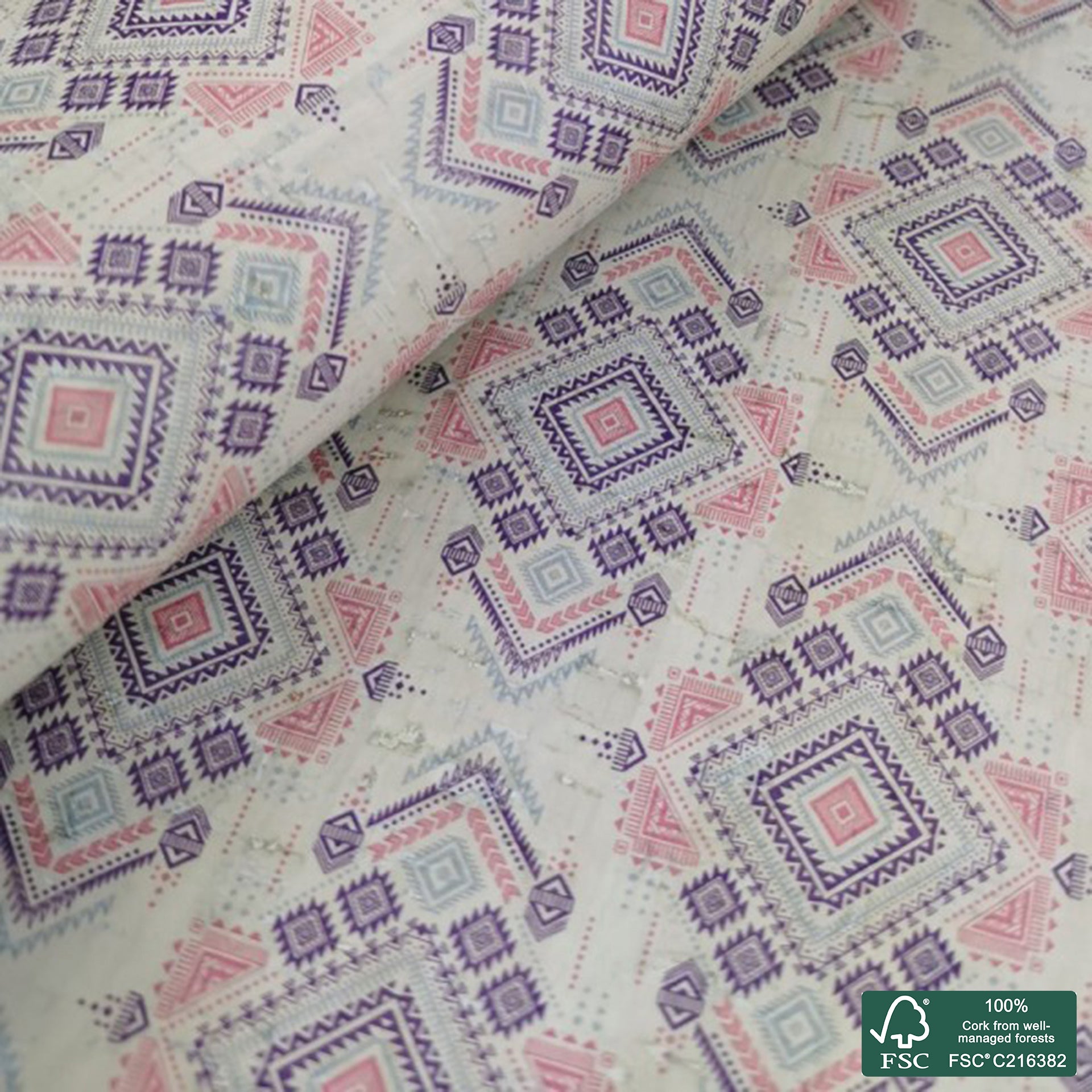 Tiles printed pattern on white cork fabric (249)