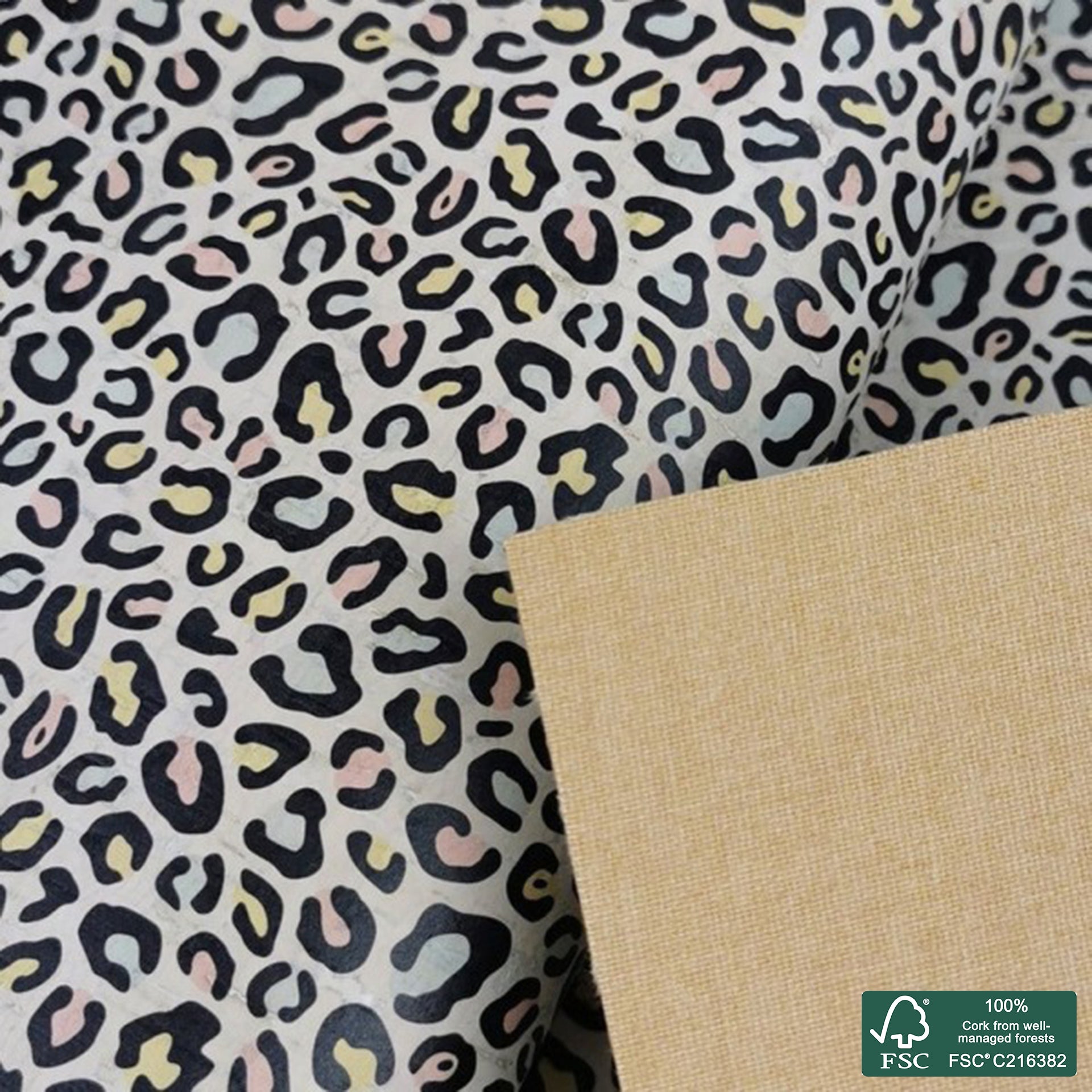 Leopard printed pattern on white cork fabric (250)
