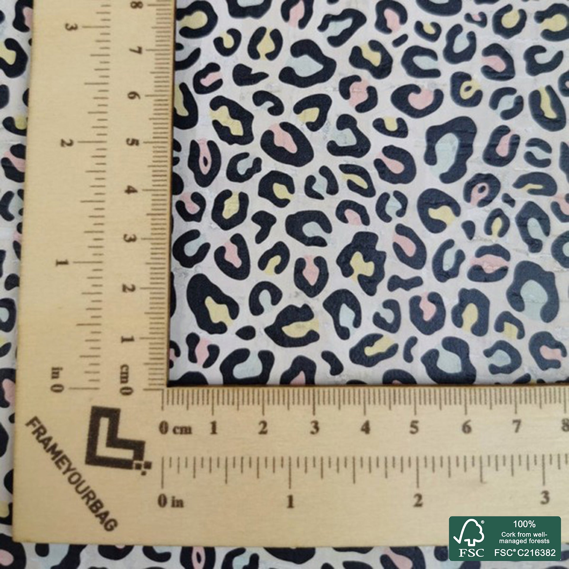 Leopard printed pattern on white cork fabric (250)