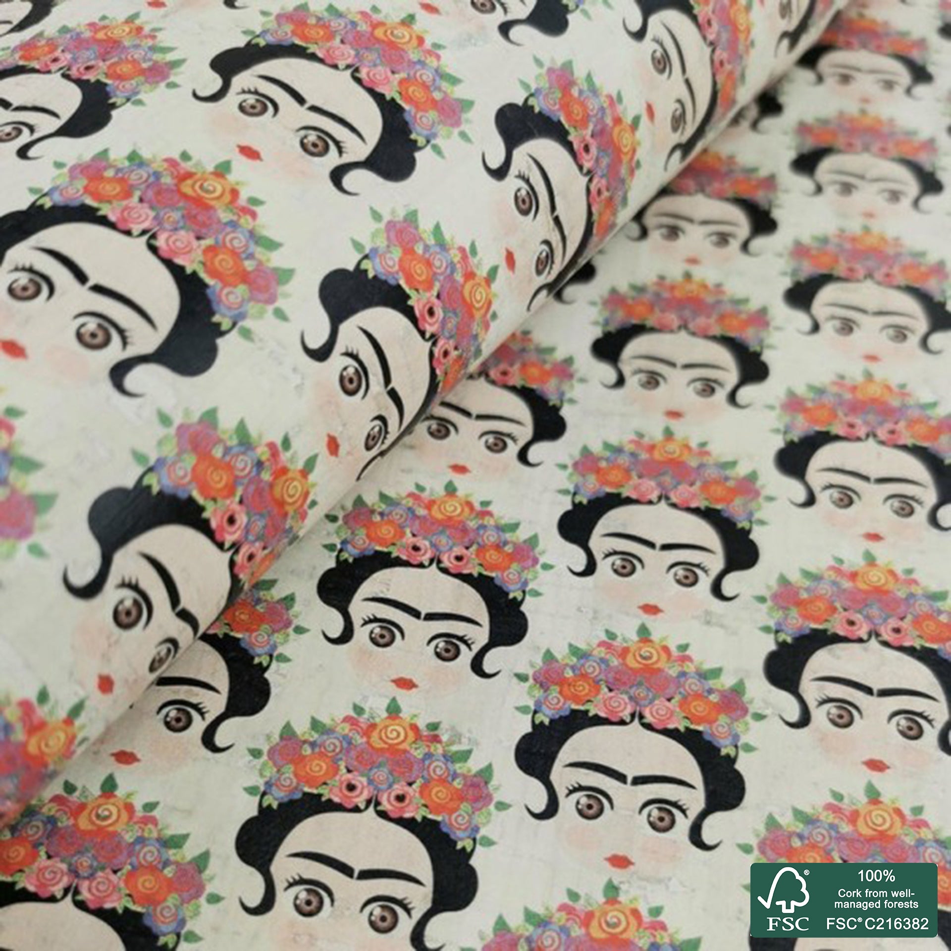 Flowers printed pattern on white cork fabric (252)