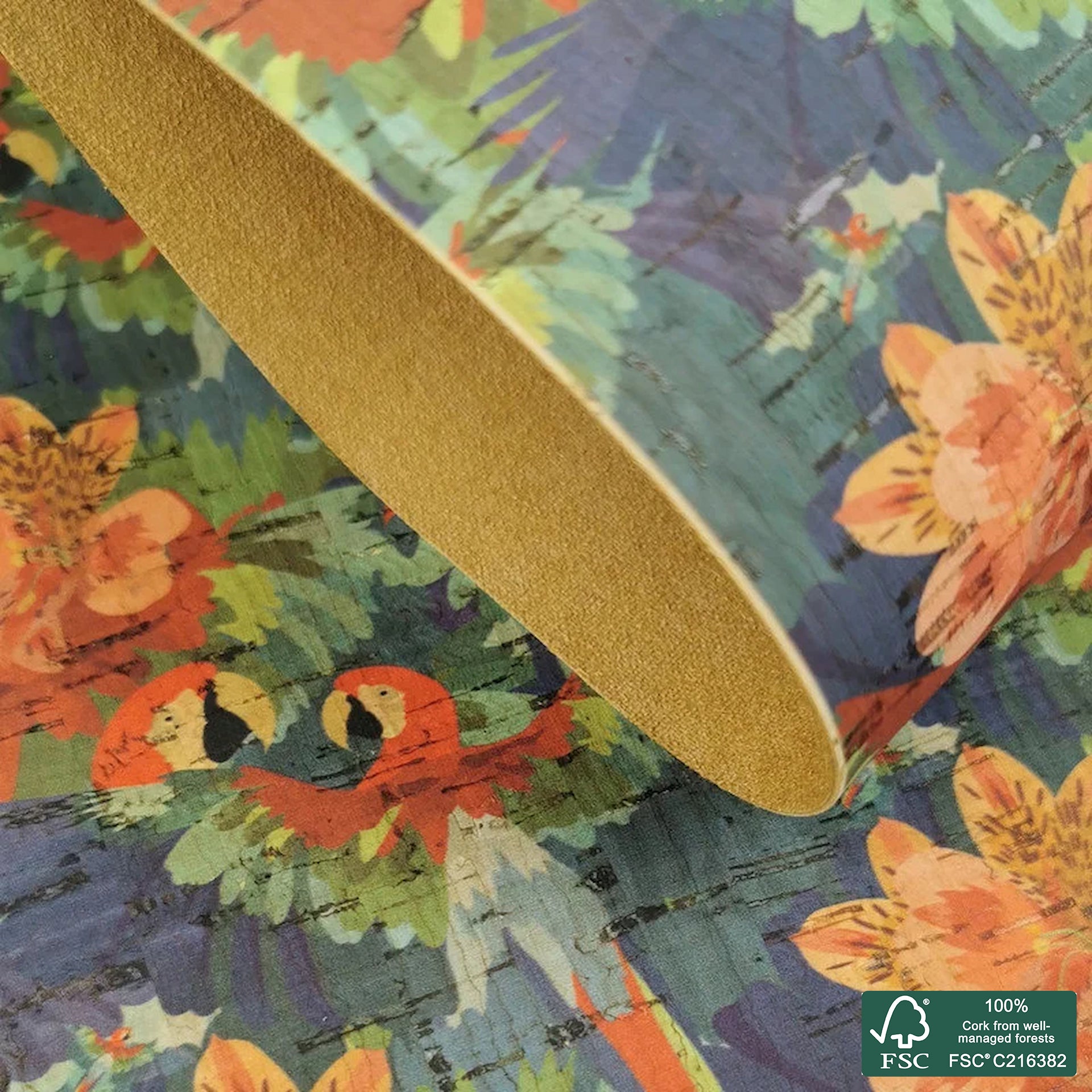 Parrot printed pattern on natural cork fabric (254)