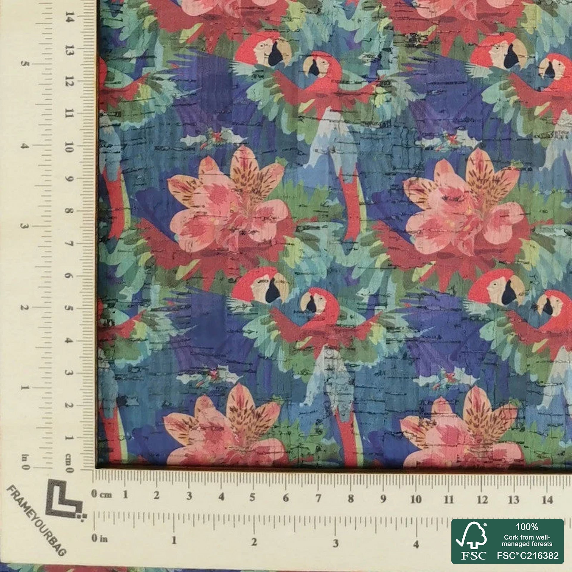 Parrot printed pattern on natural cork fabric (254)