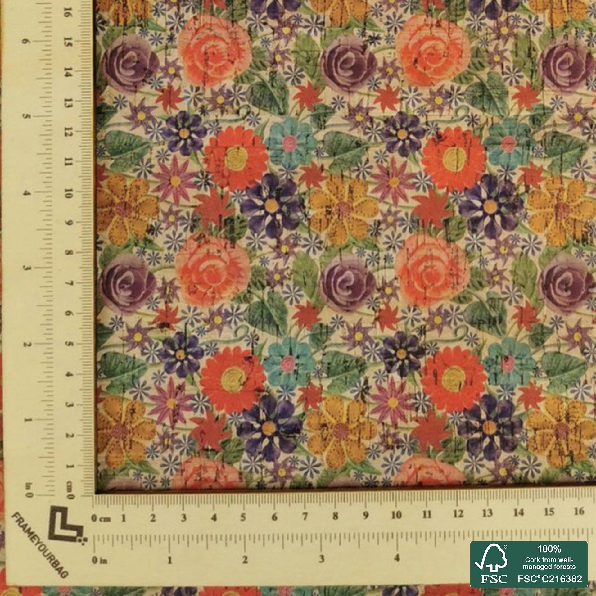 Flowers printed pattern on natural cork fabric (256)