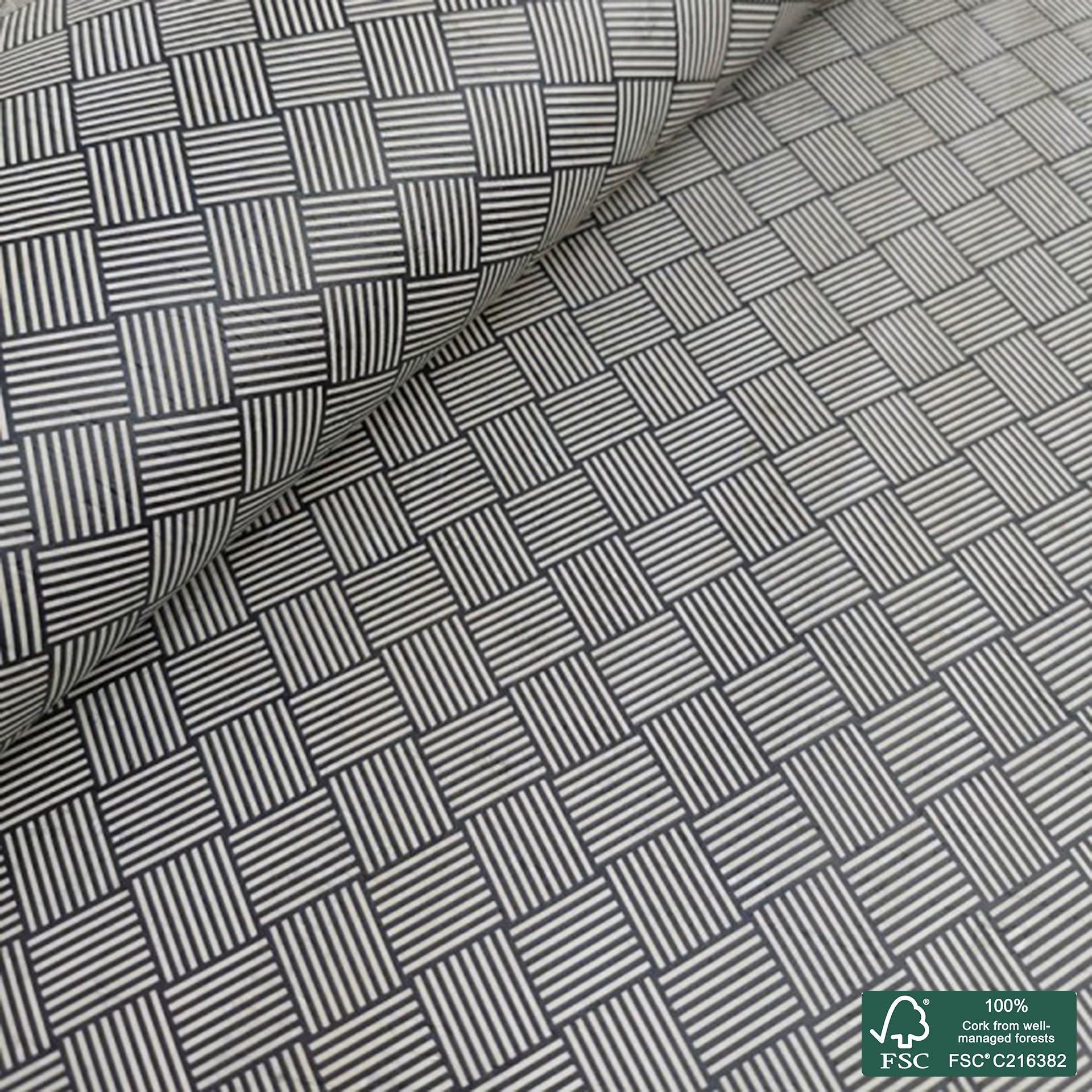 Braided printed pattern on white cork fabric (263)