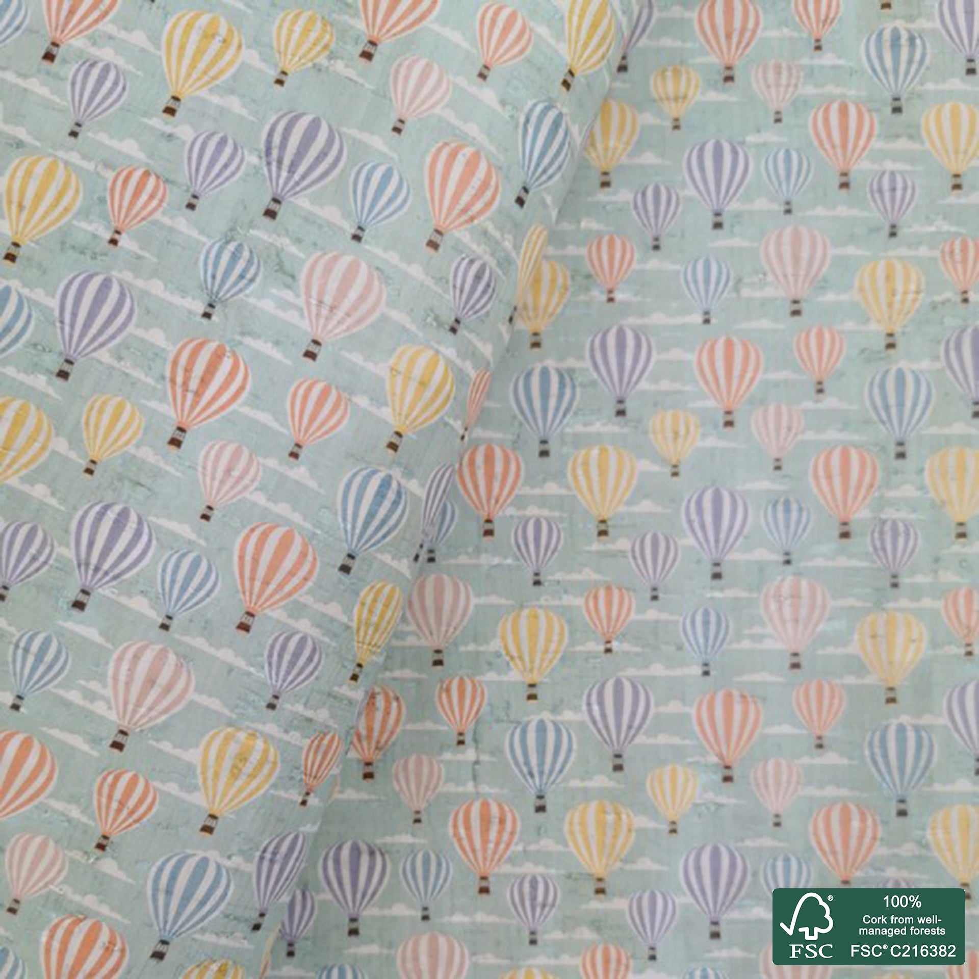 Balloons printed pattern on white cork fabric (265)