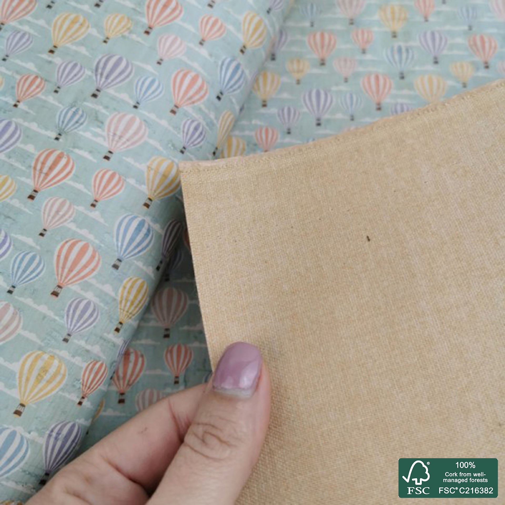 Balloons printed pattern on white cork fabric (265)