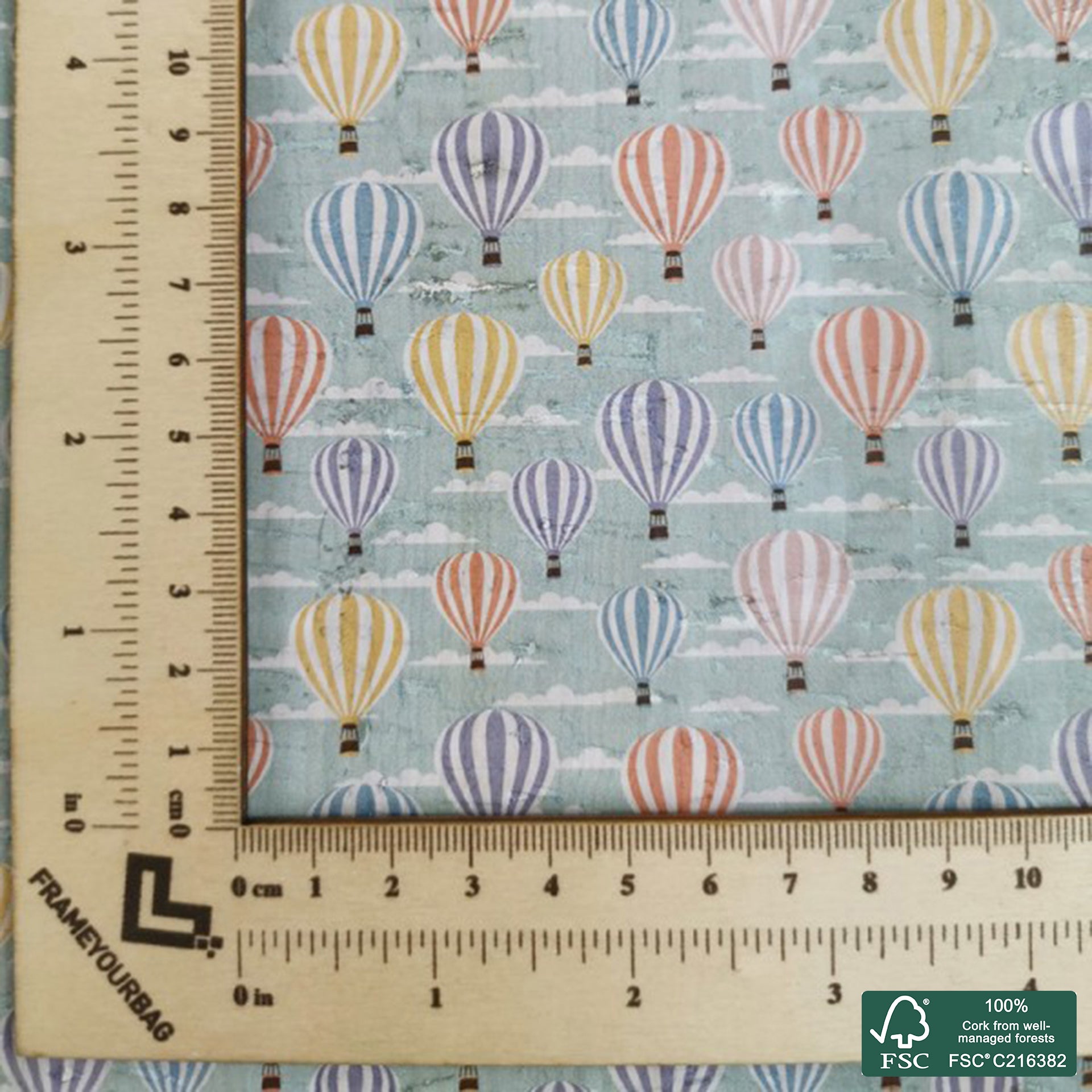 Balloons printed pattern on white cork fabric (265)