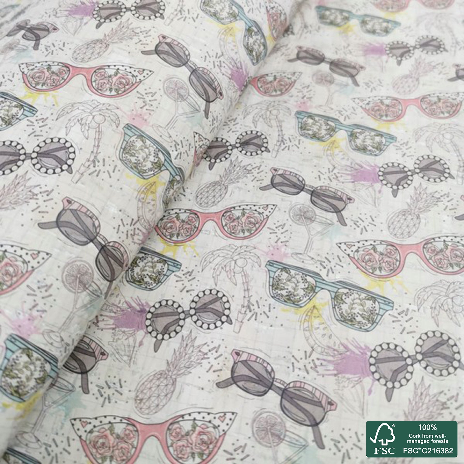 Glasses printed pattern on white cork fabric (266)