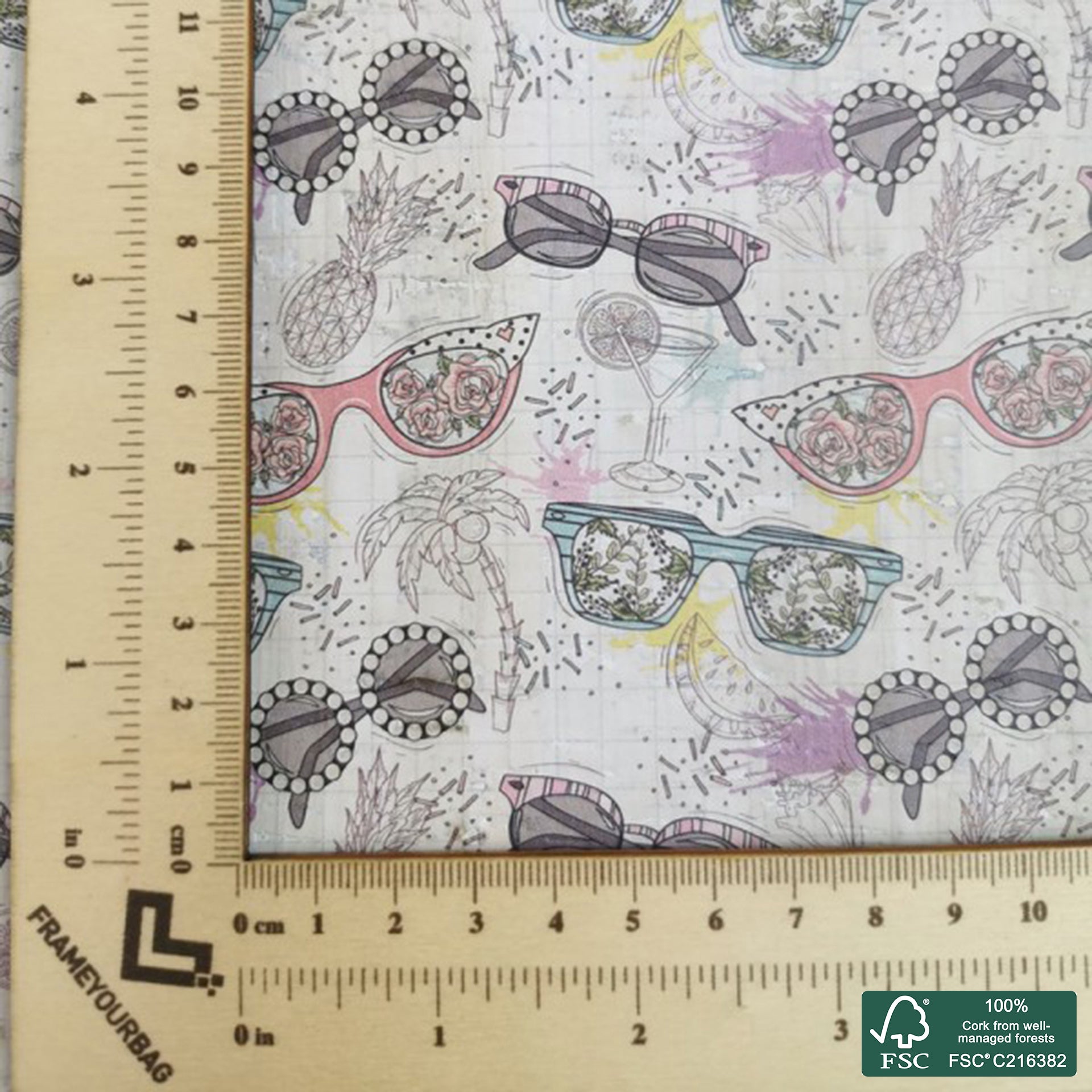 Glasses printed pattern on white cork fabric (266)