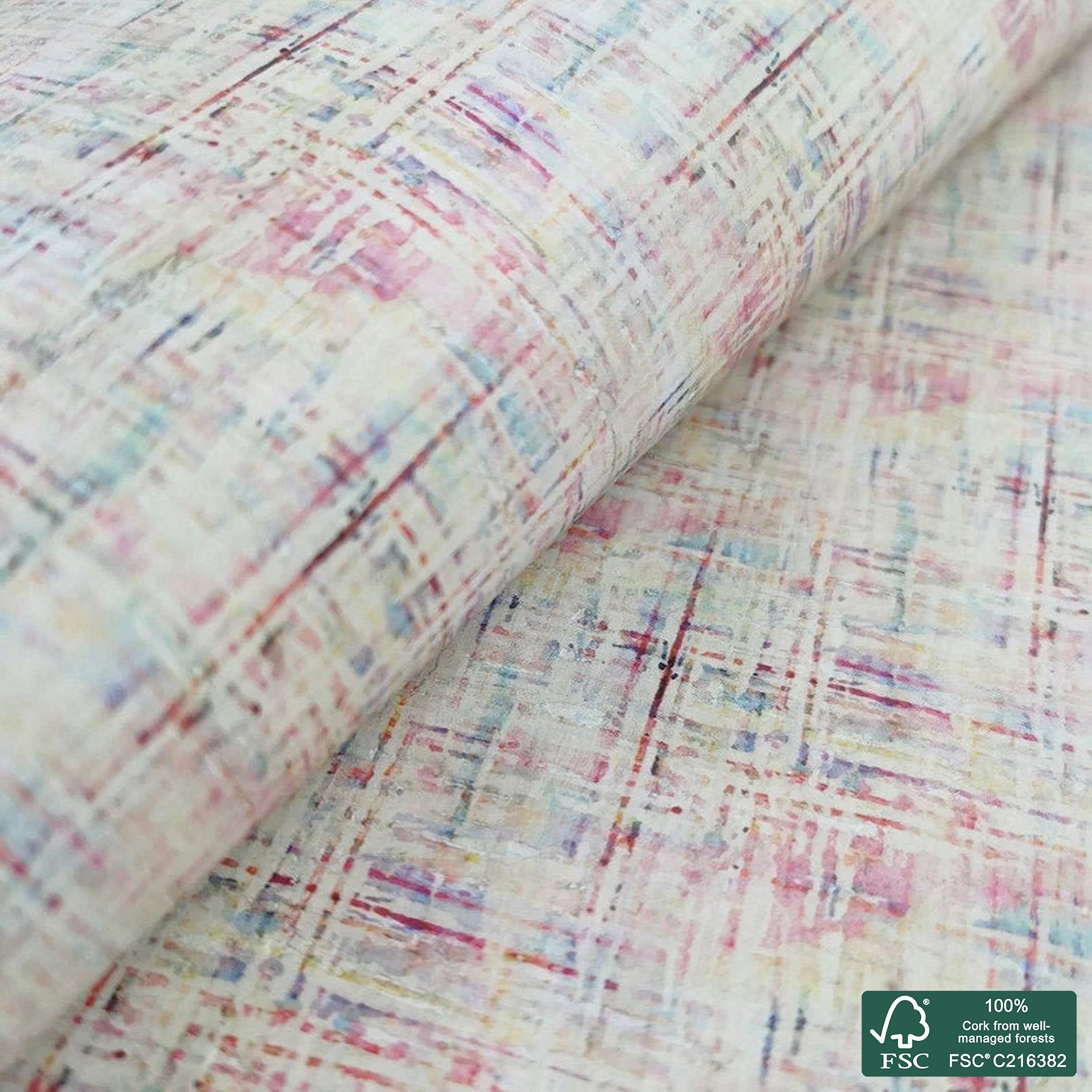 Plaid printed pattern on white cork fabric (267)