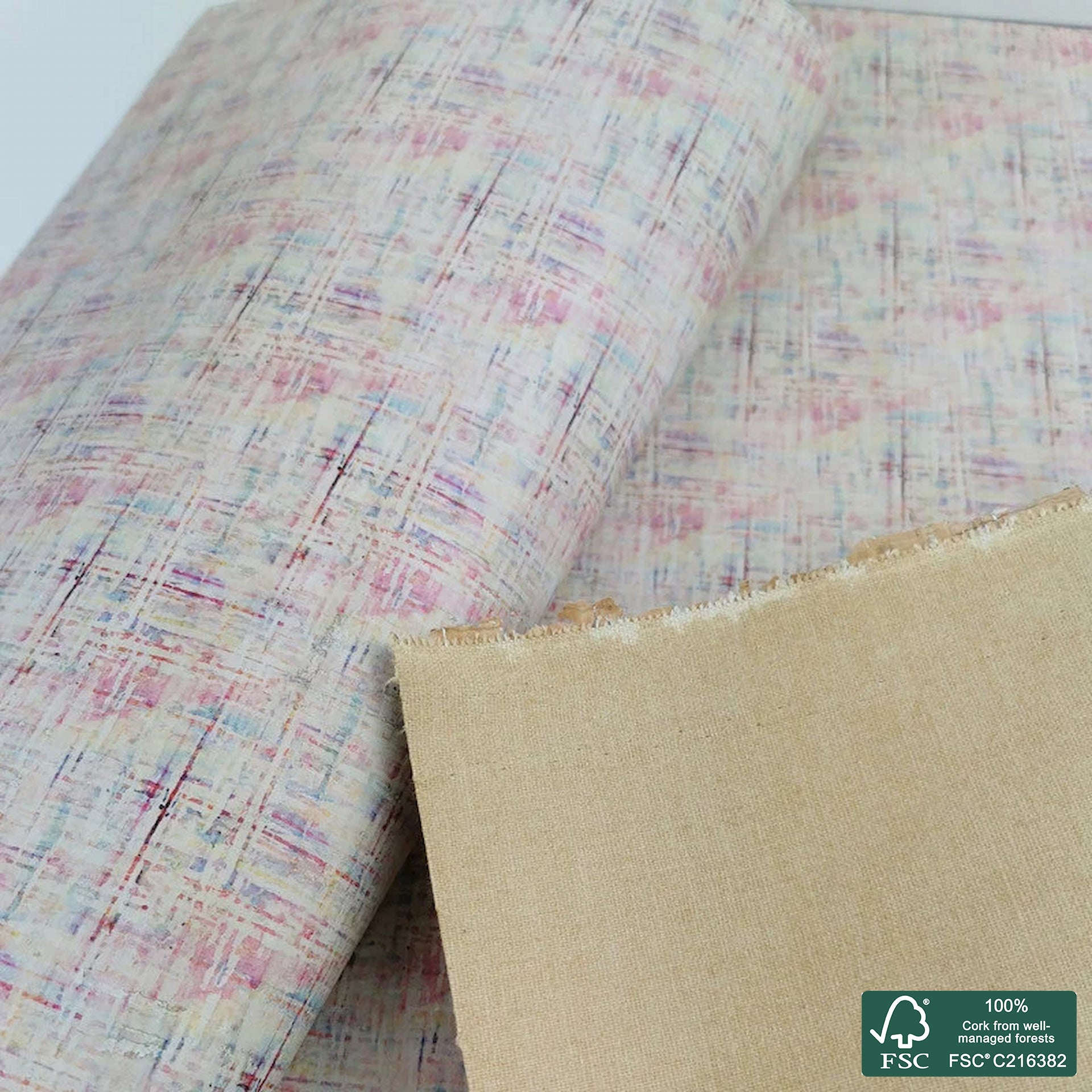Plaid printed pattern on white cork fabric (267)