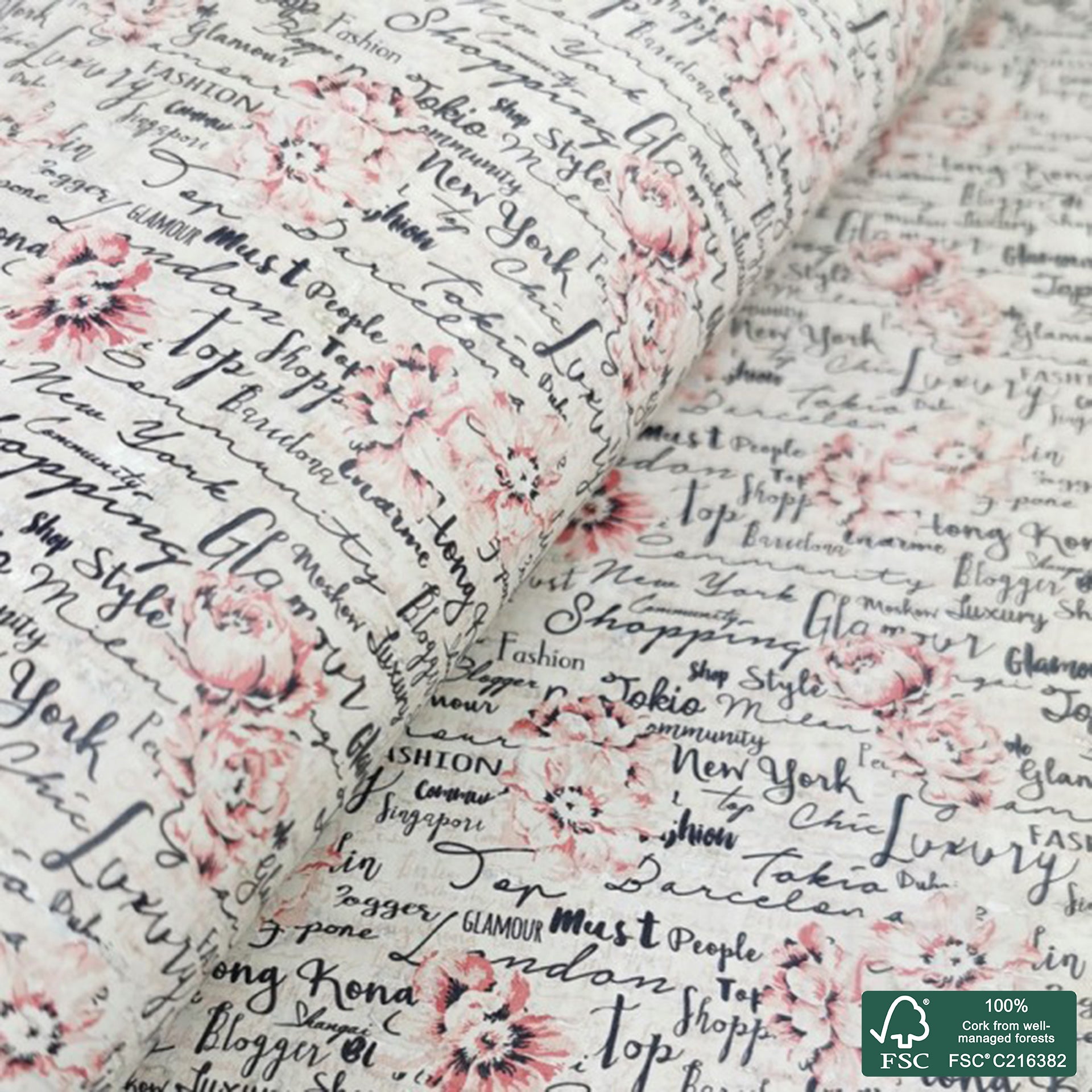 Flowers printed pattern on white cork fabric (268)