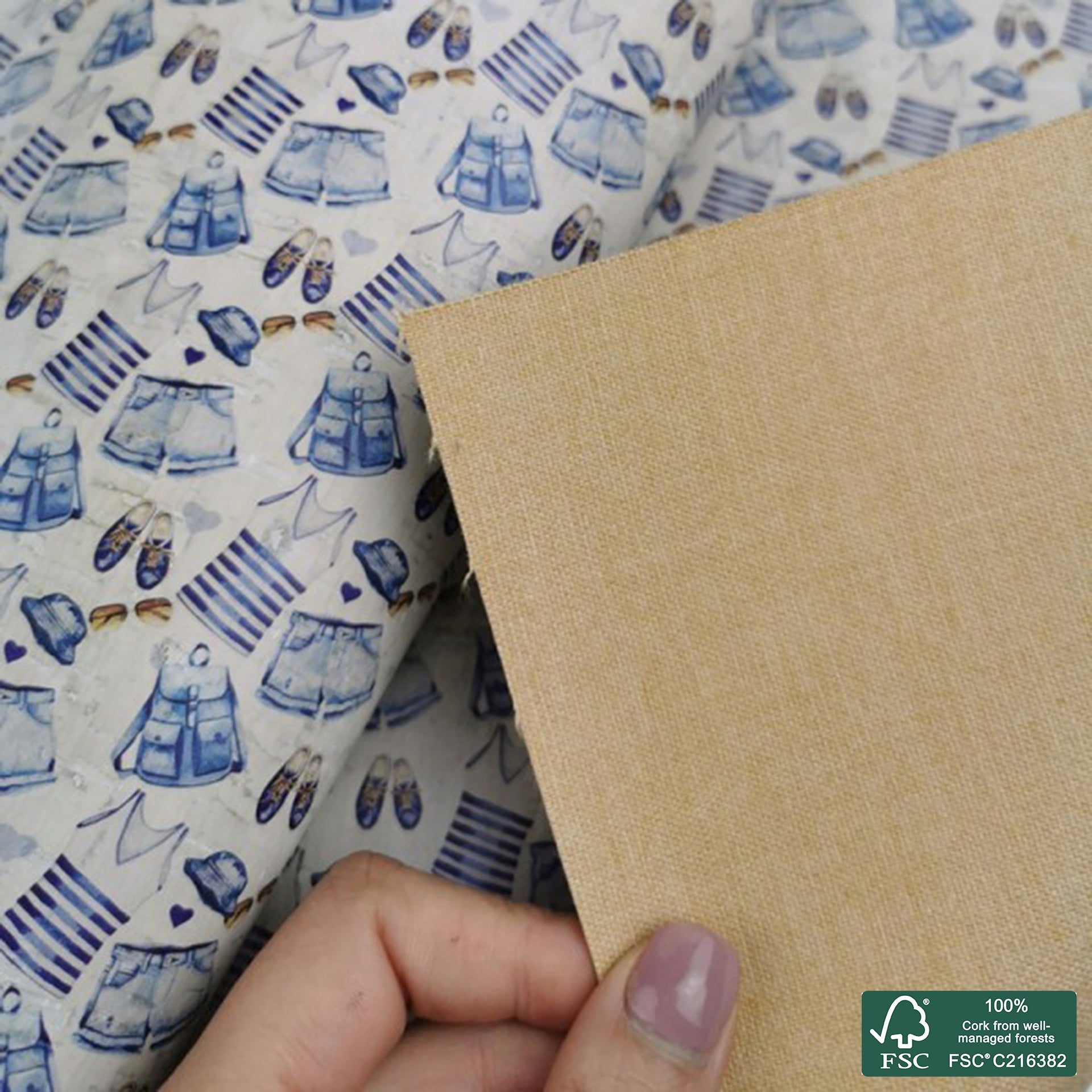 Flowers printed pattern on white cork fabric (270)
