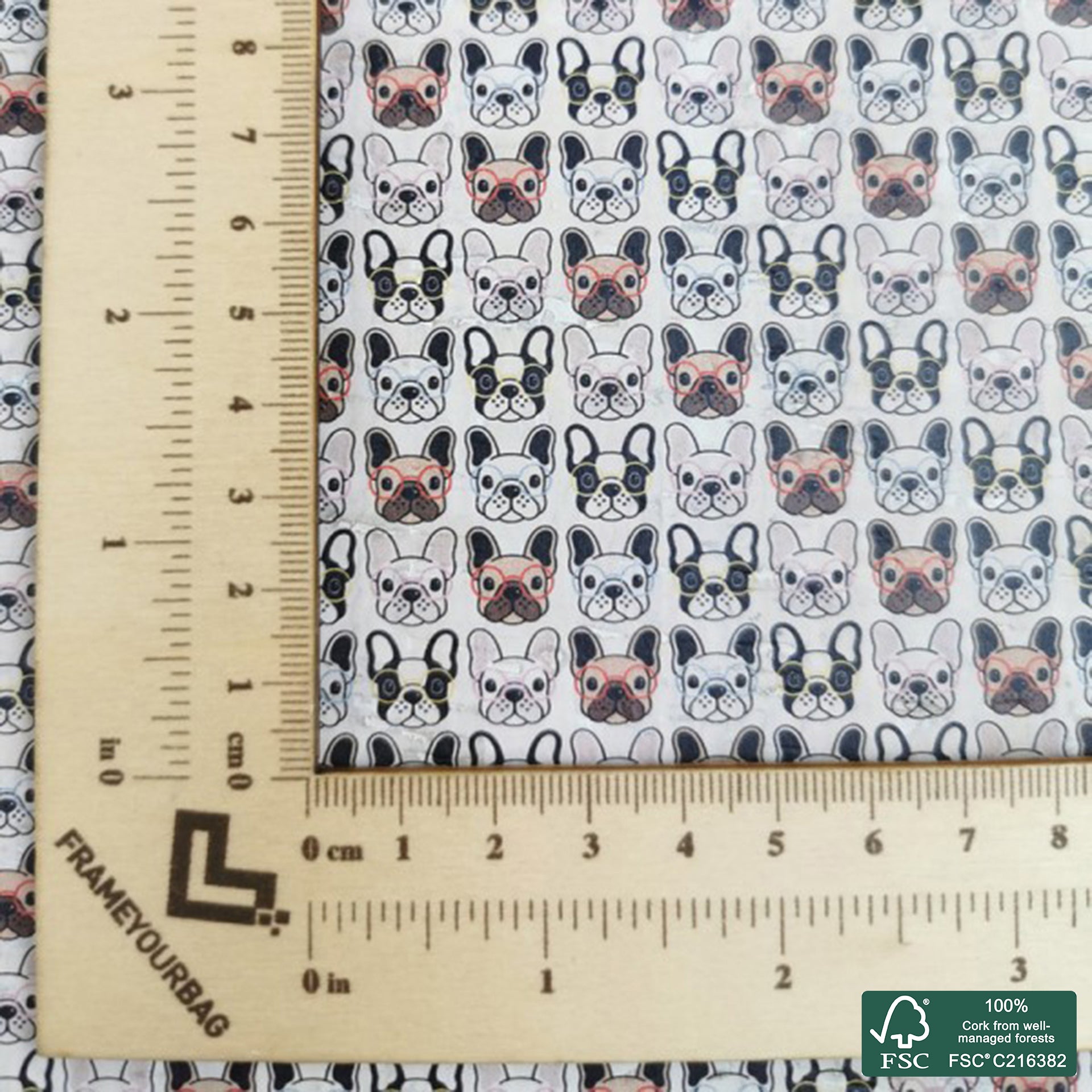 Frenchies printed pattern on white cork fabric (272)