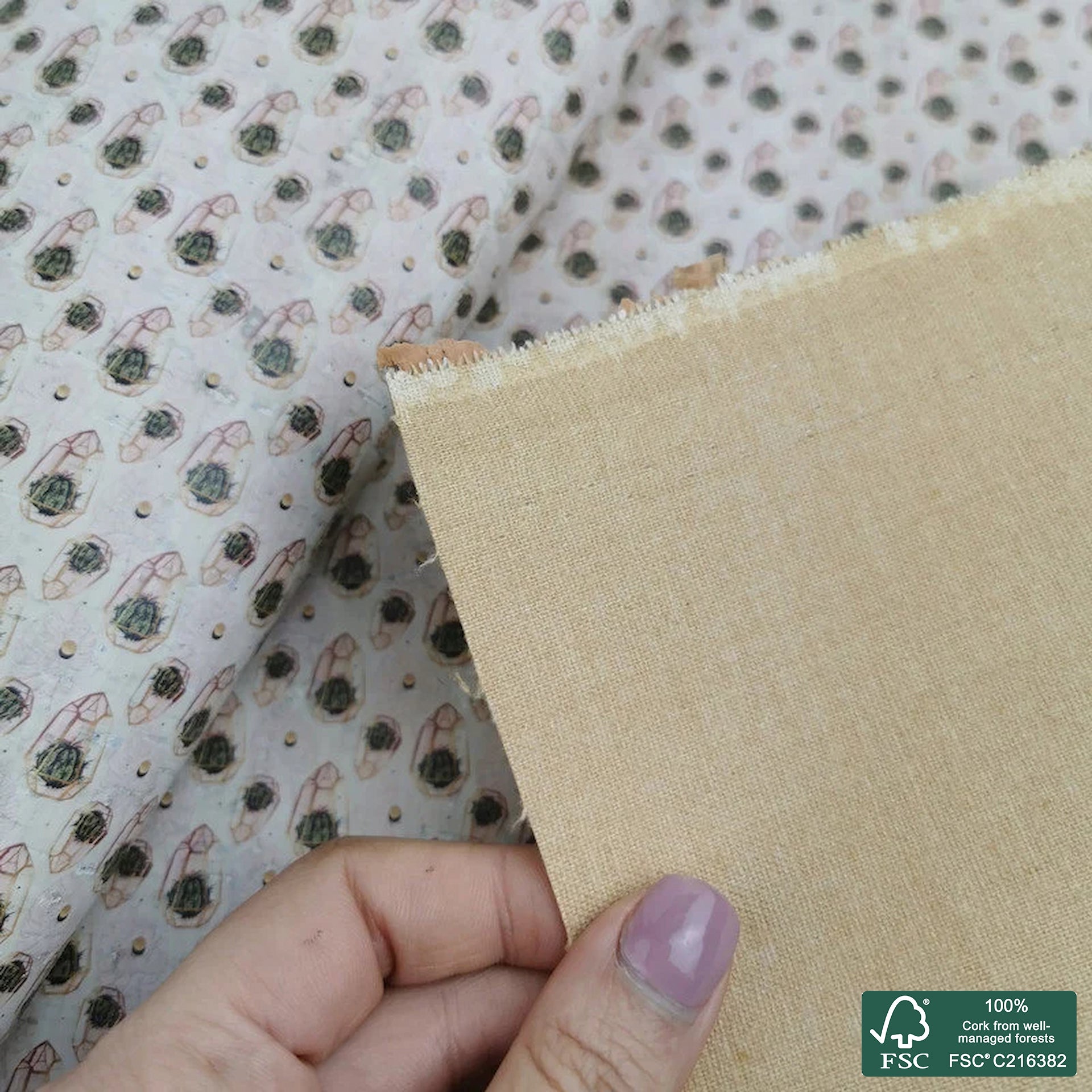 Abstract printed pattern on white cork fabric (273)