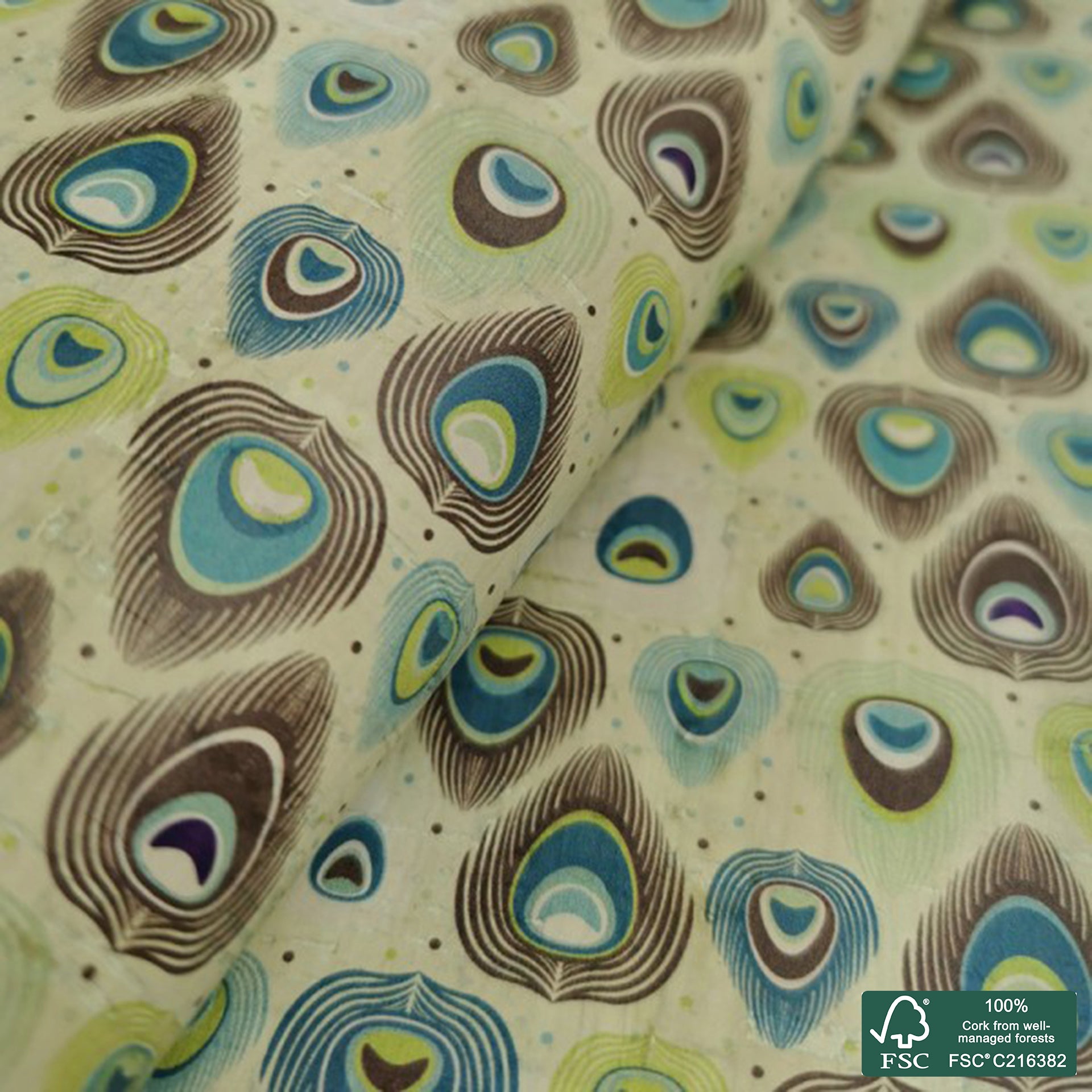 Feathers printed pattern on white cork fabric (274)