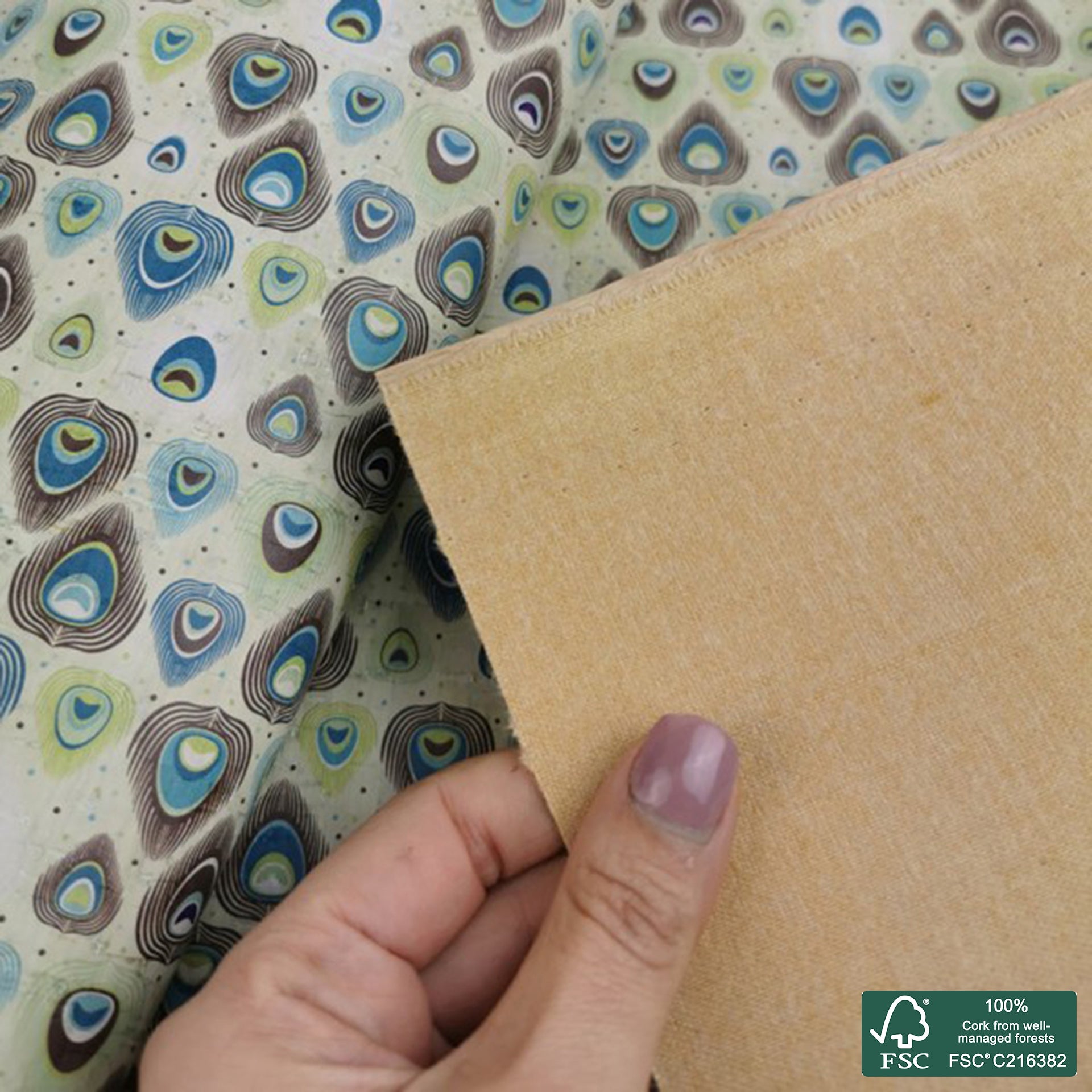 Feathers printed pattern on white cork fabric (274)