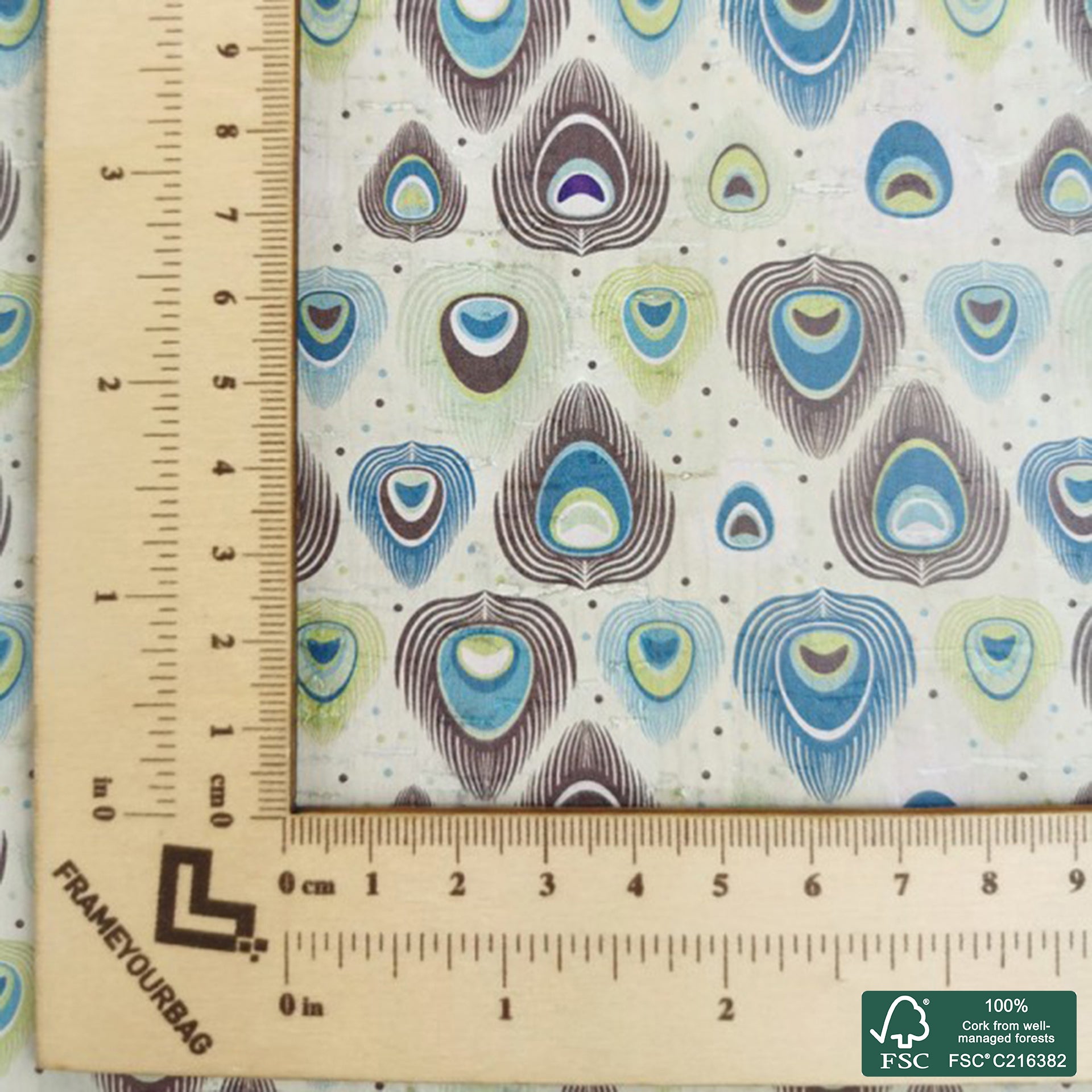 Feathers printed pattern on white cork fabric (274)