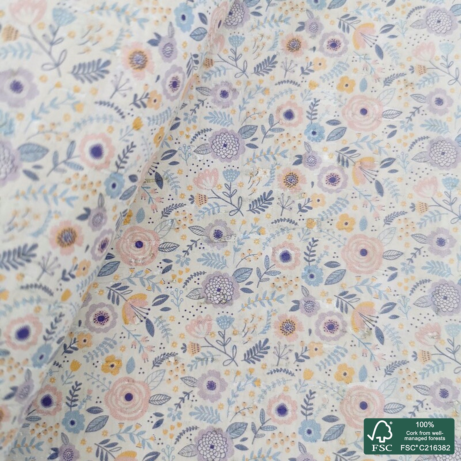 Flowers printed pattern on white cork fabric (277)
