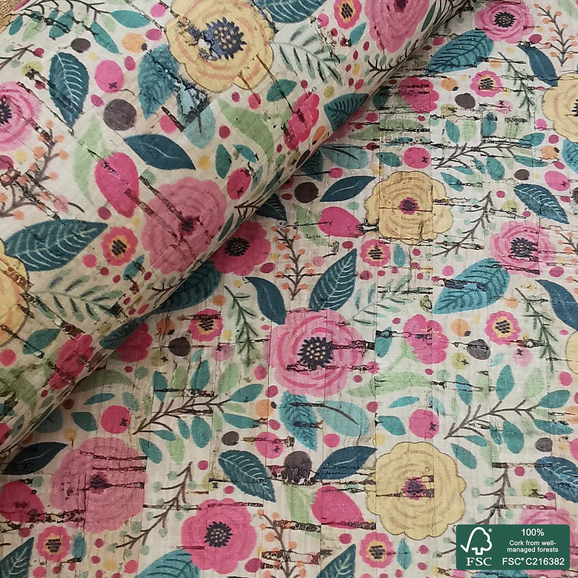 Flowers printed pattern on natural cork fabric (280)
