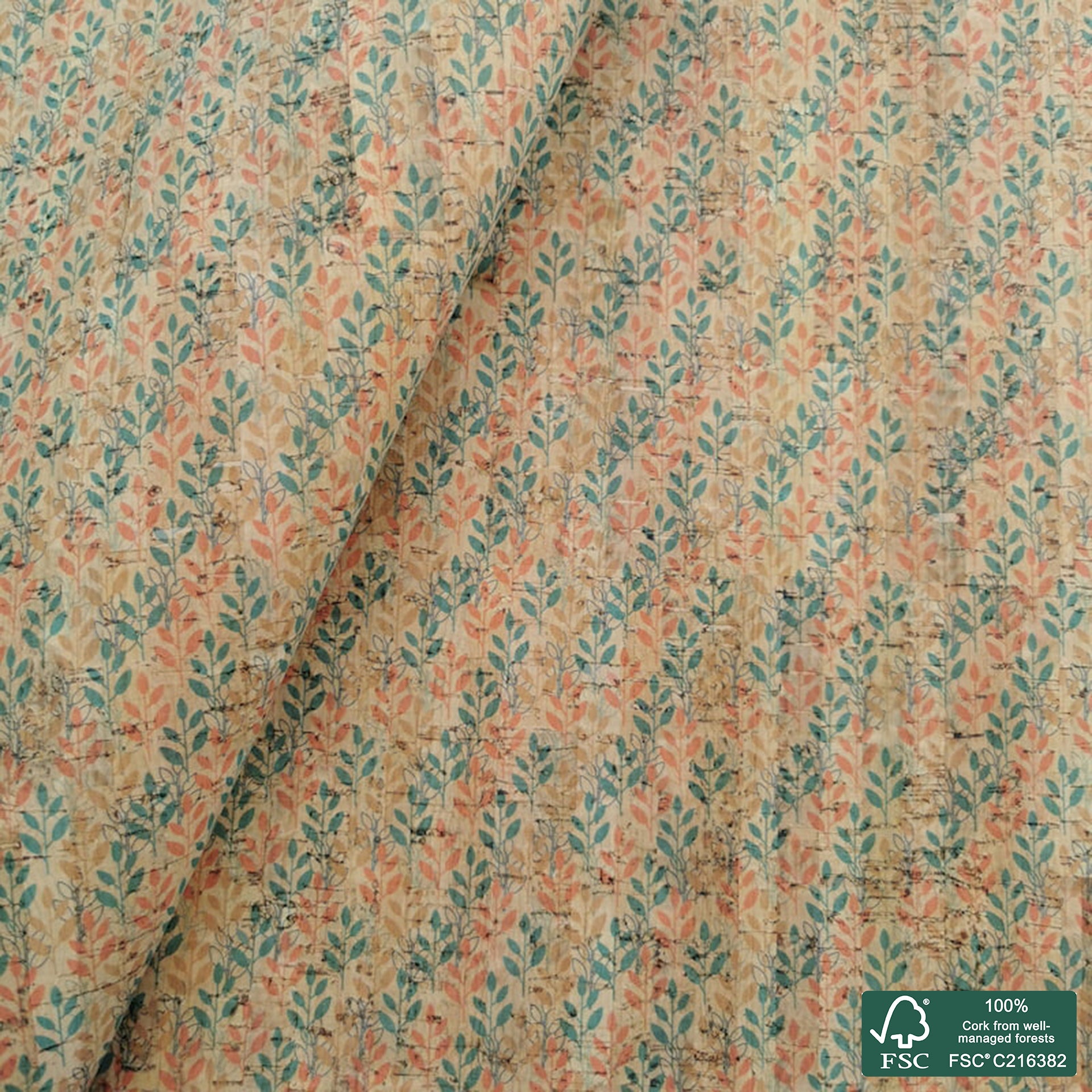 Leaves printed pattern on natural cork fabric (285)