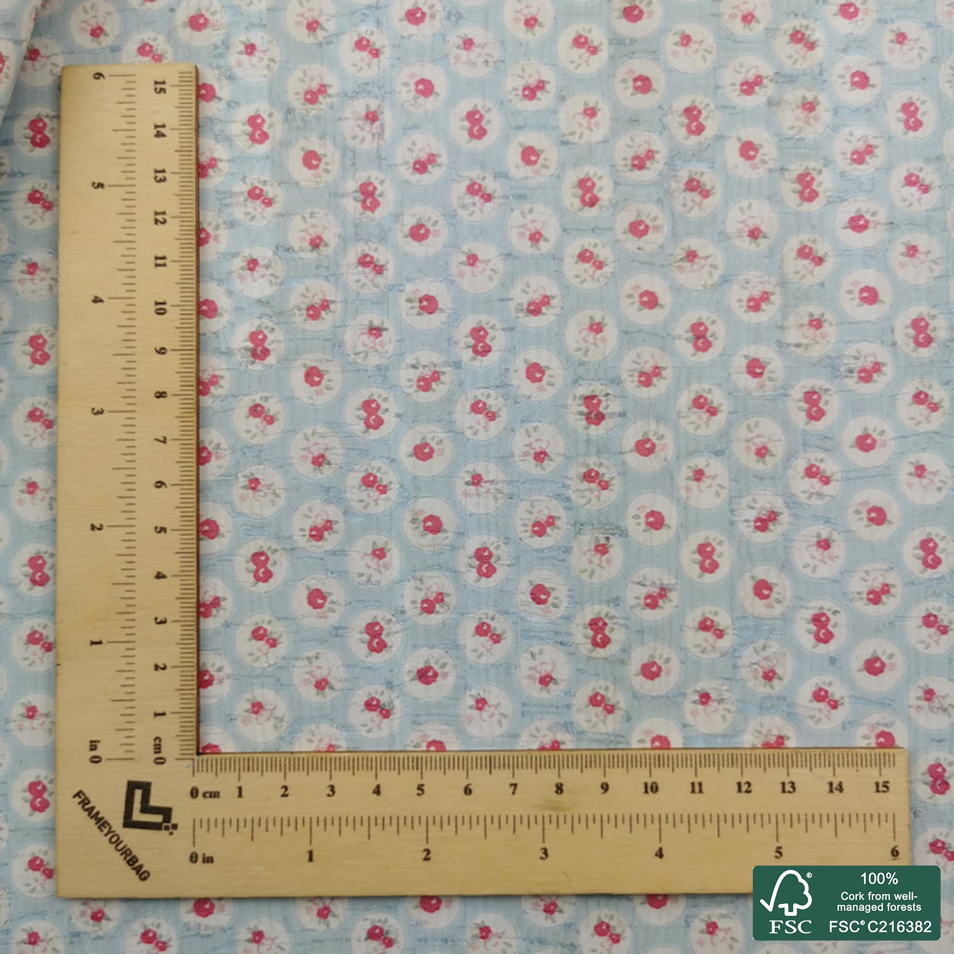 Flowers printed pattern on white cork fabric (291)