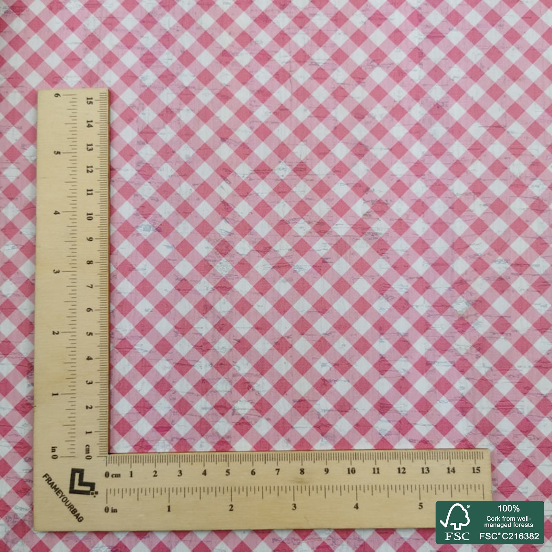 Plaid printed pattern on white cork fabric (293)
