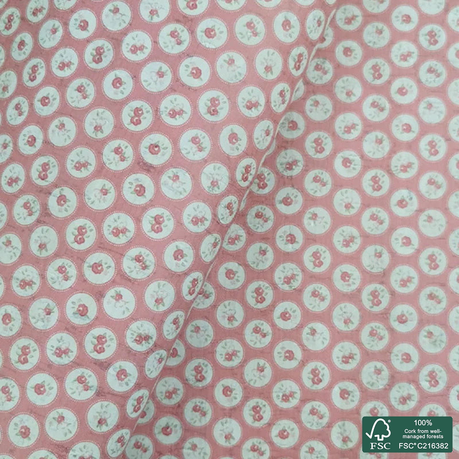 Flowers printed pattern on white cork fabric (296)