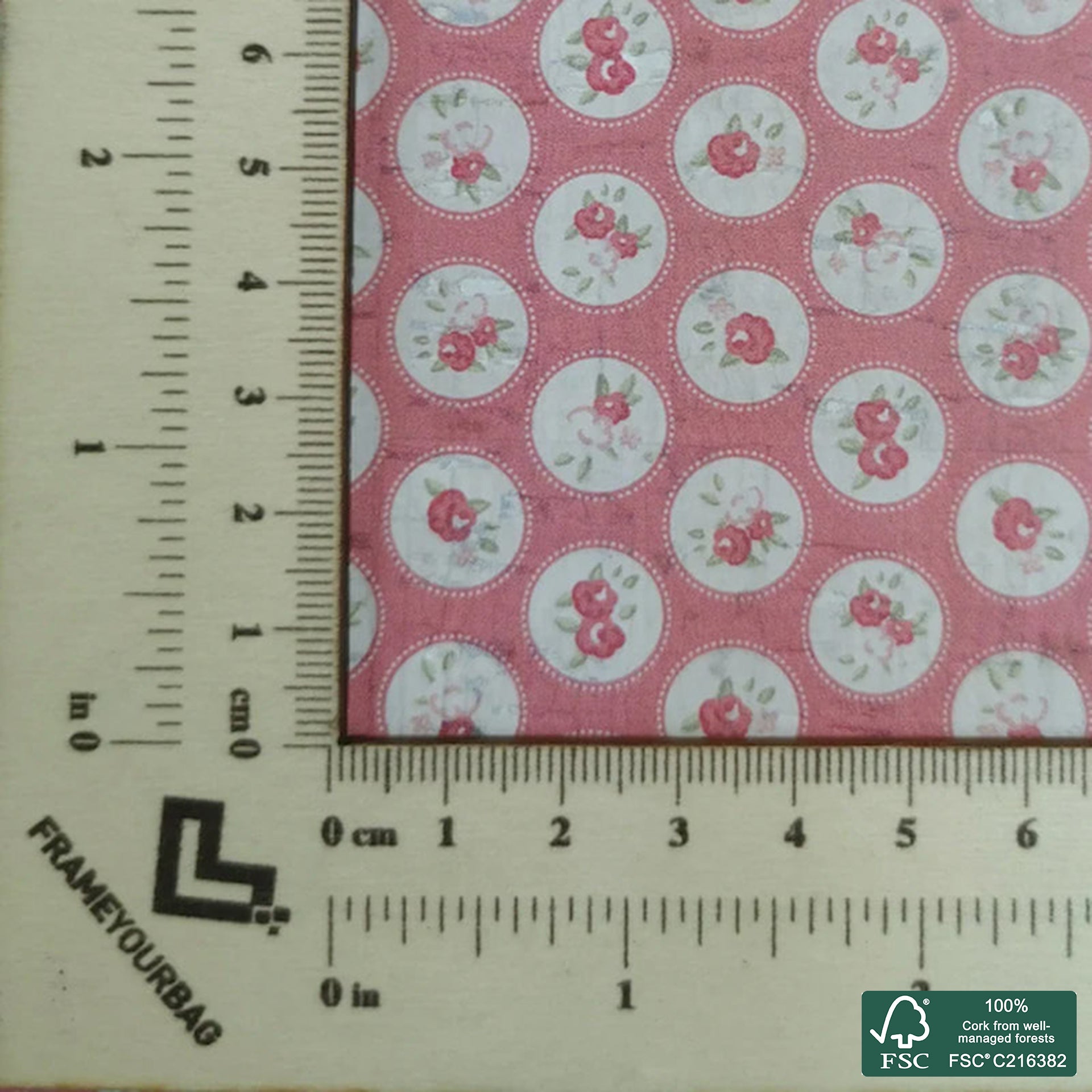 Flowers printed pattern on white cork fabric (296)