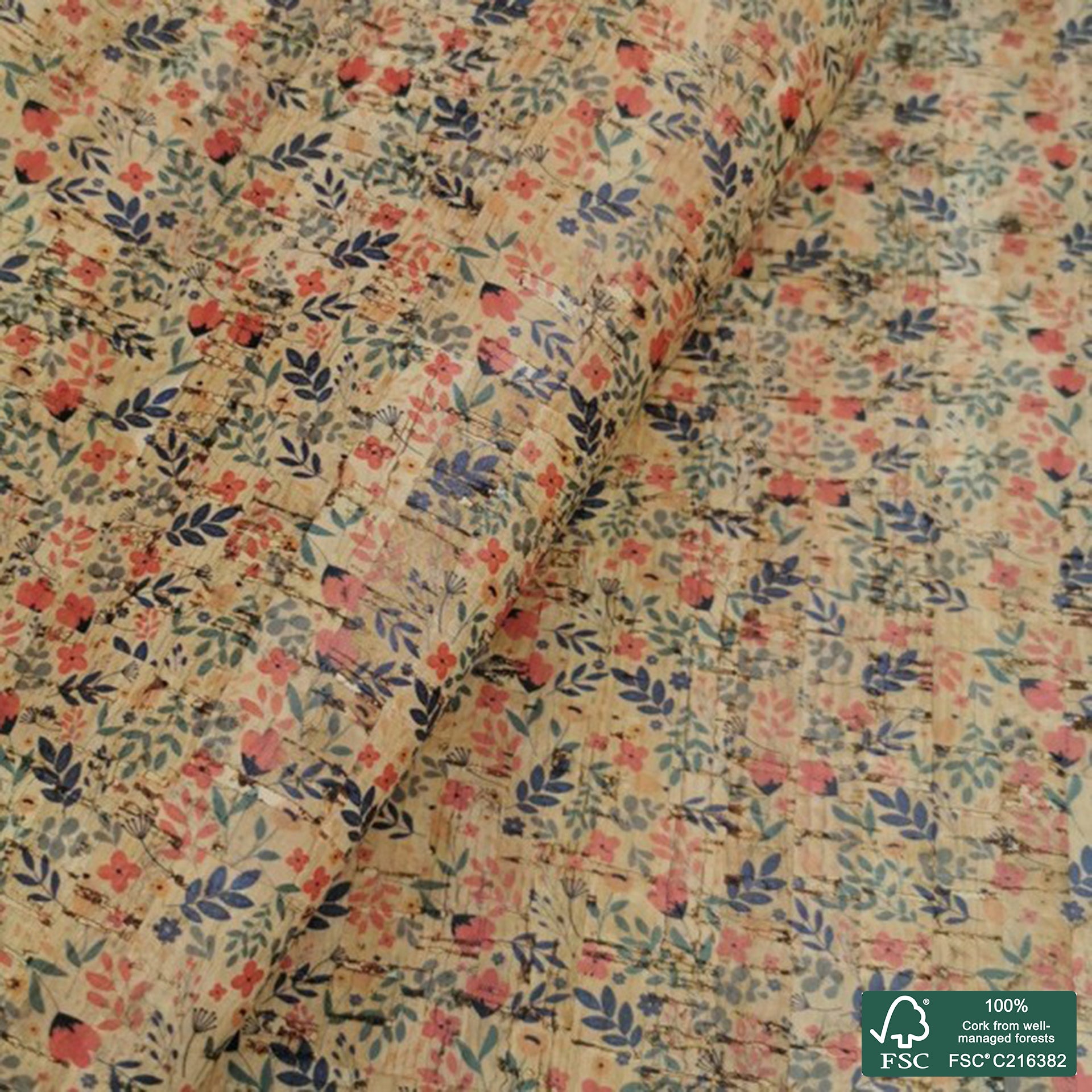 Leaves printed pattern on natural cork fabric (302)