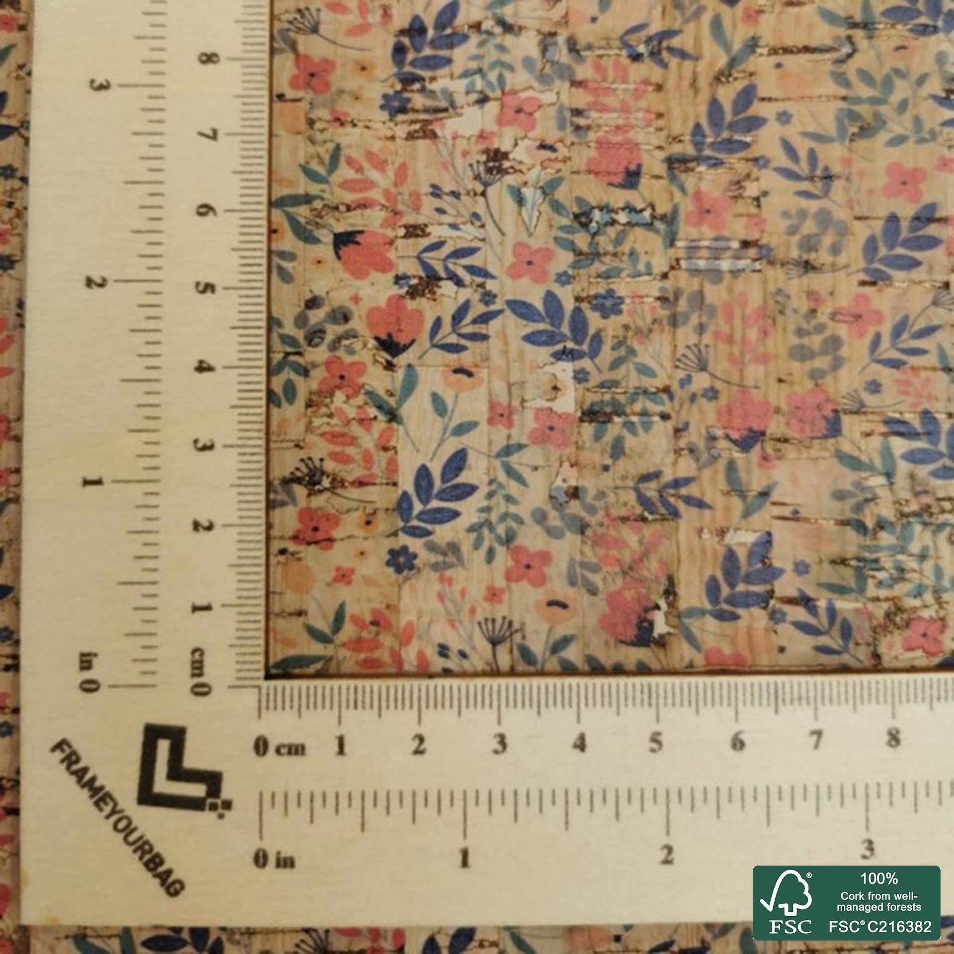 Leaves printed pattern on natural cork fabric (302)