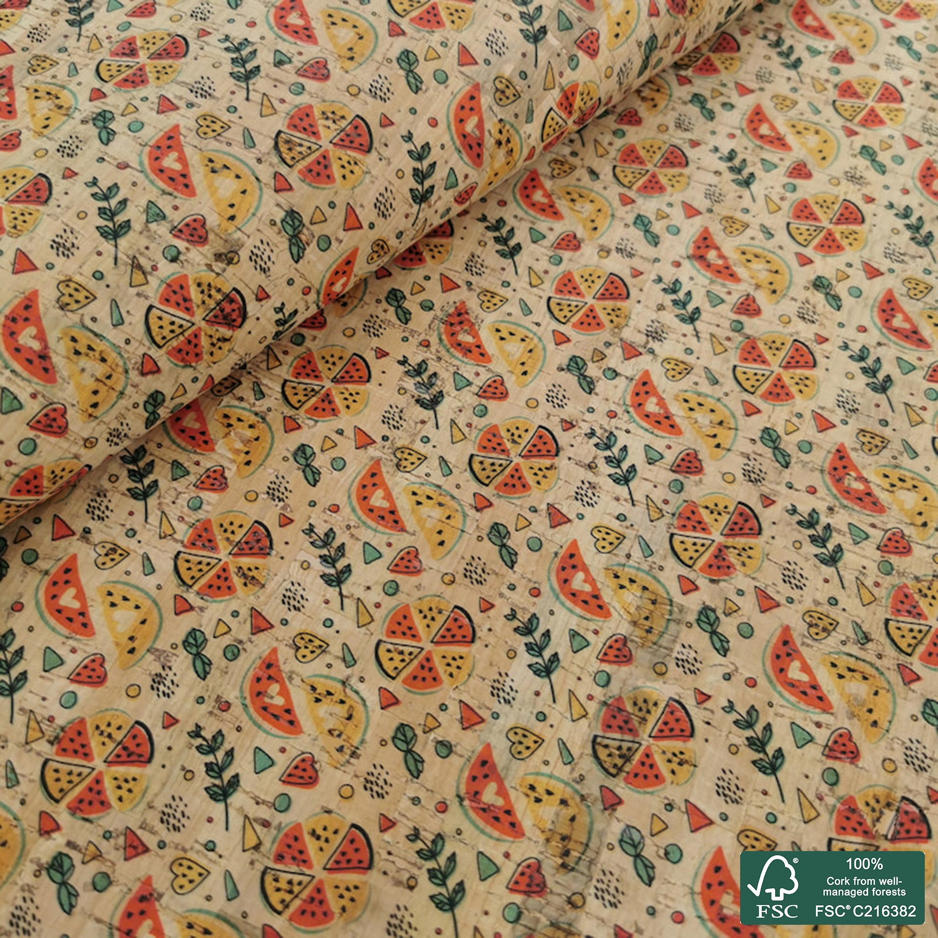 Watermelon printed pattern on natural cork fabric (306)