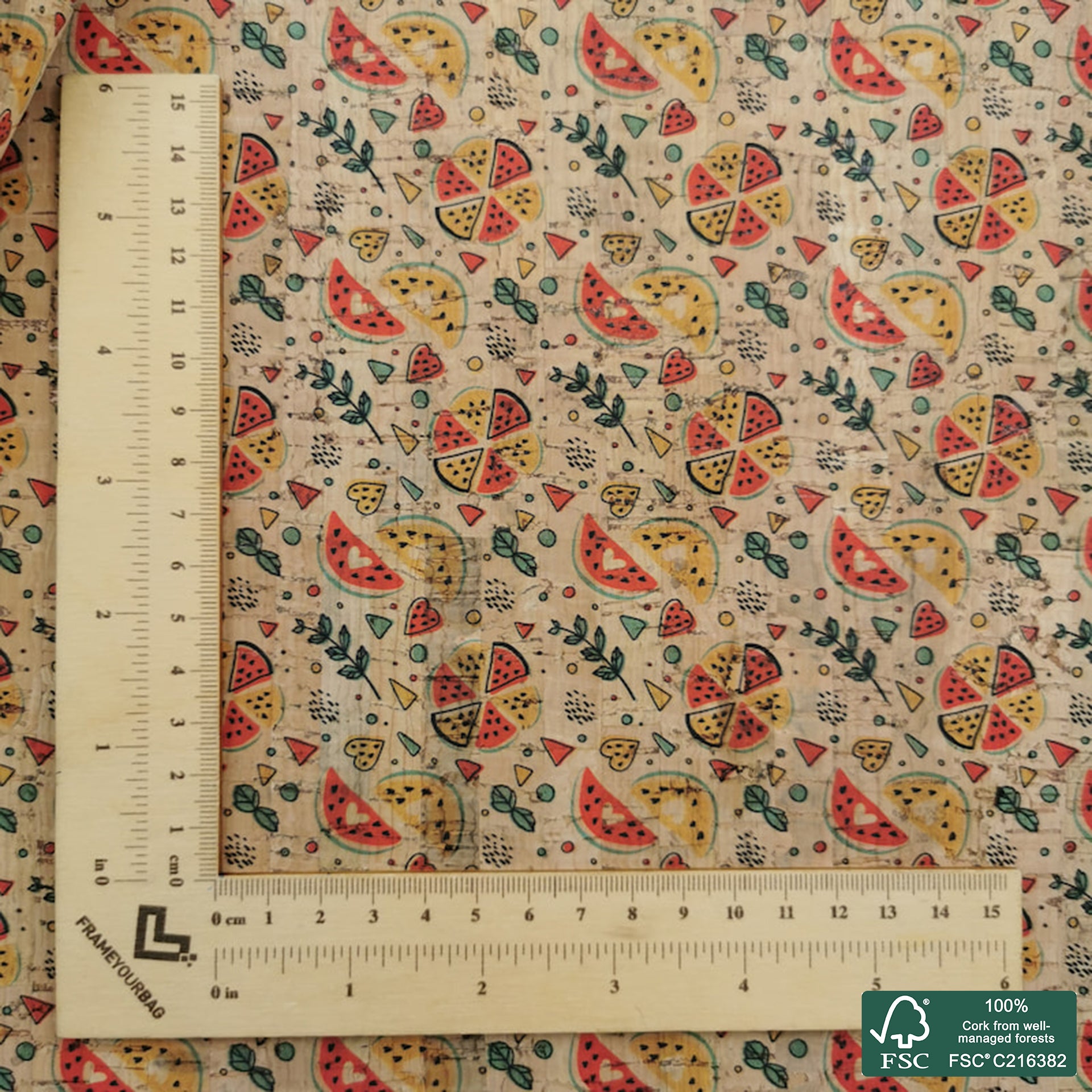 Watermelon printed pattern on natural cork fabric (306)