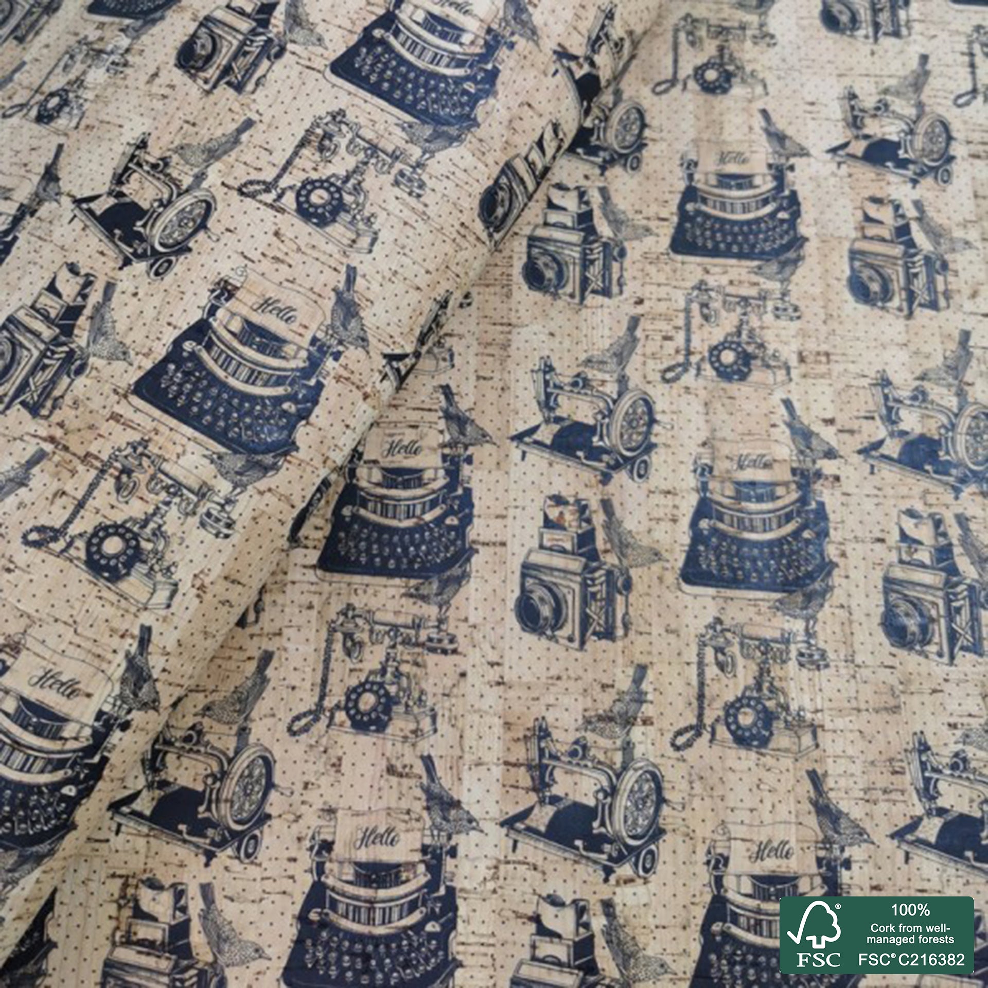 Vintage printed pattern on natural cork fabric (312)