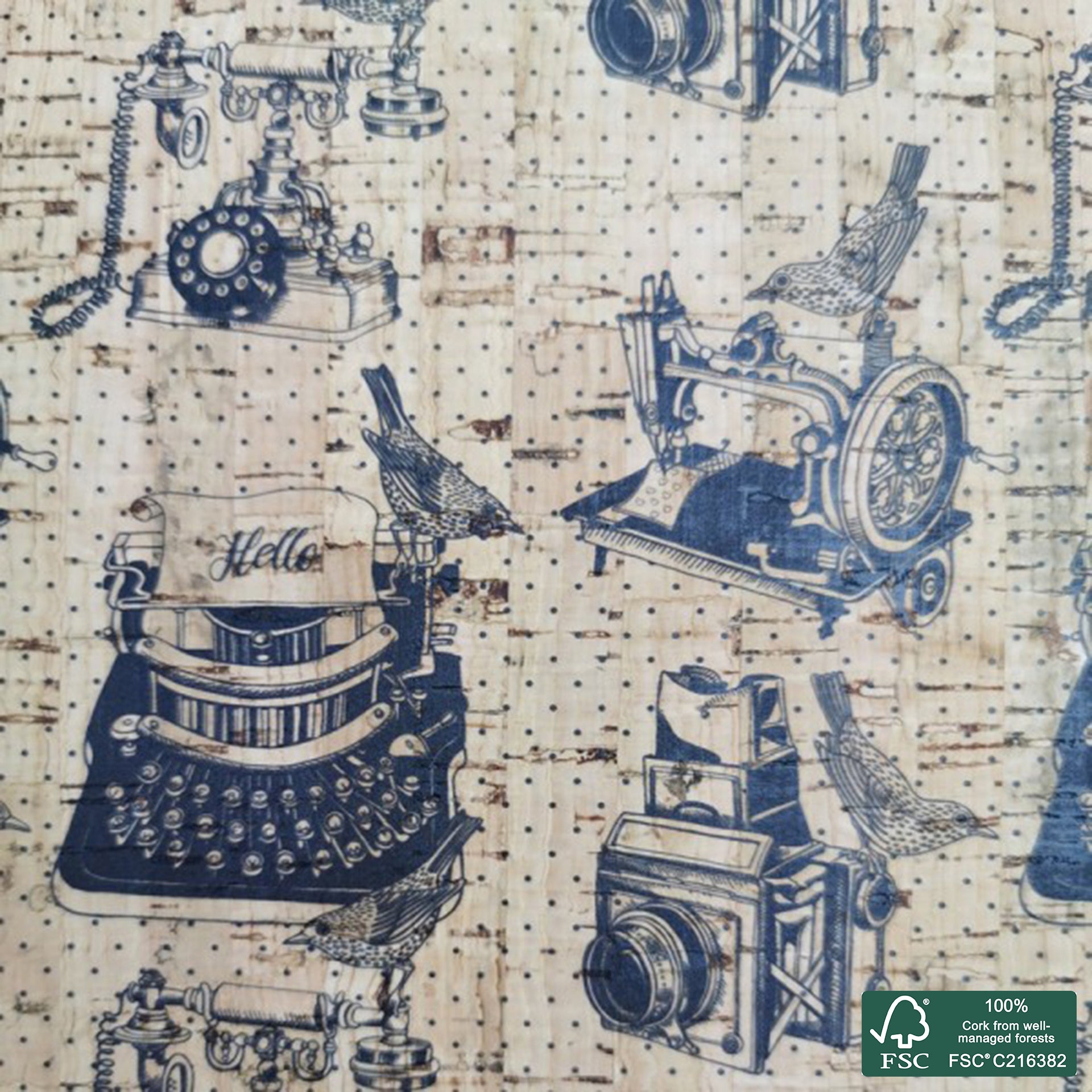 Vintage printed pattern on natural cork fabric (312)