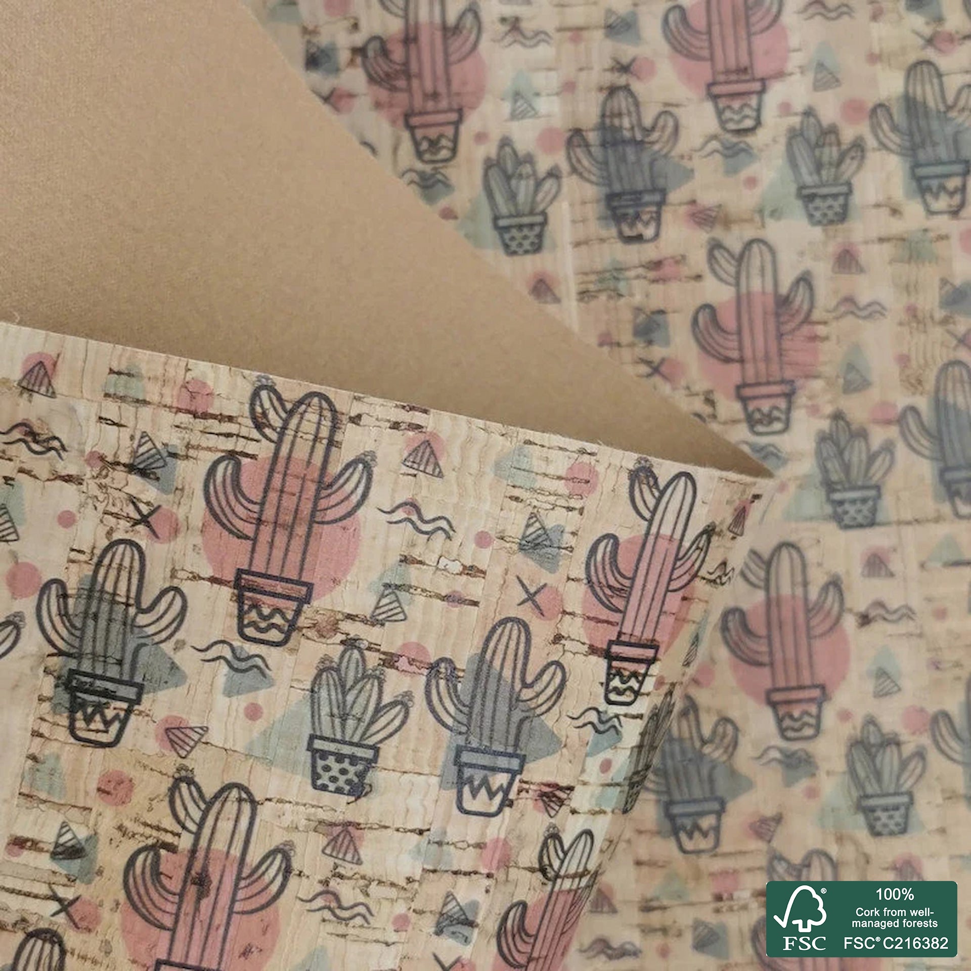 Cactus printed pattern on natural cork fabric (313)