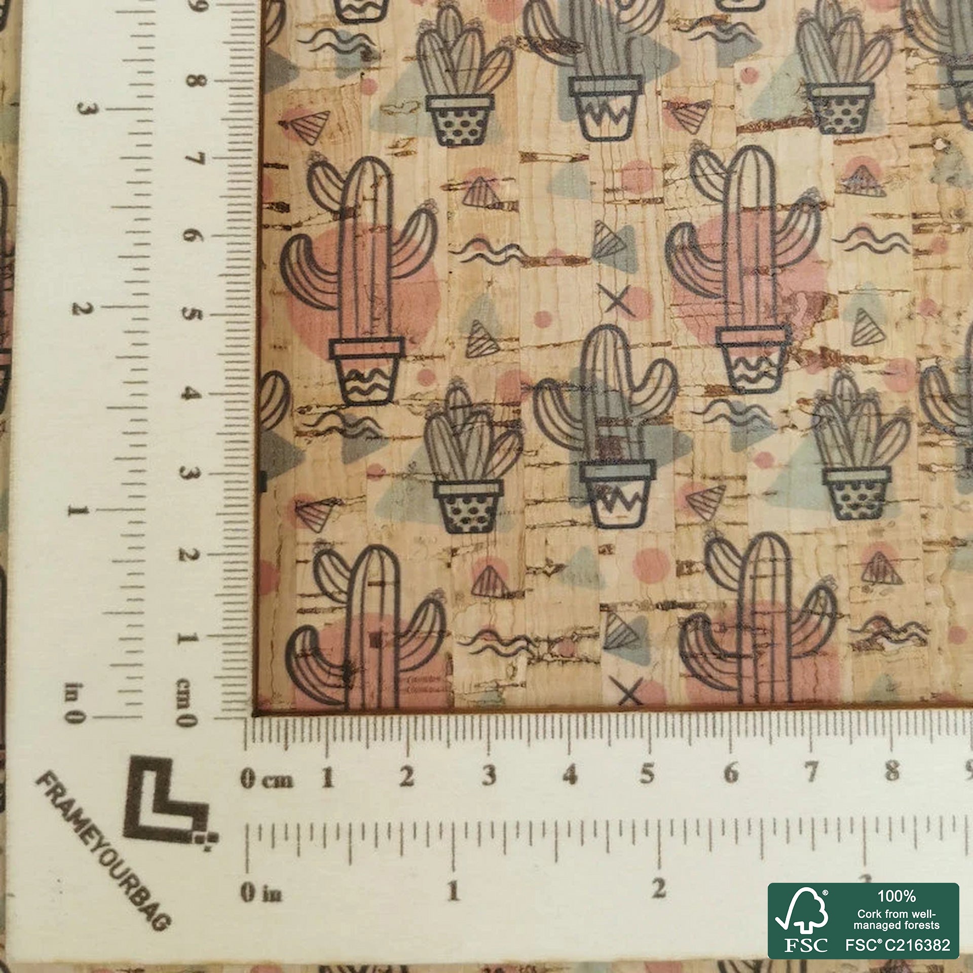 Cactus printed pattern on natural cork fabric (313)