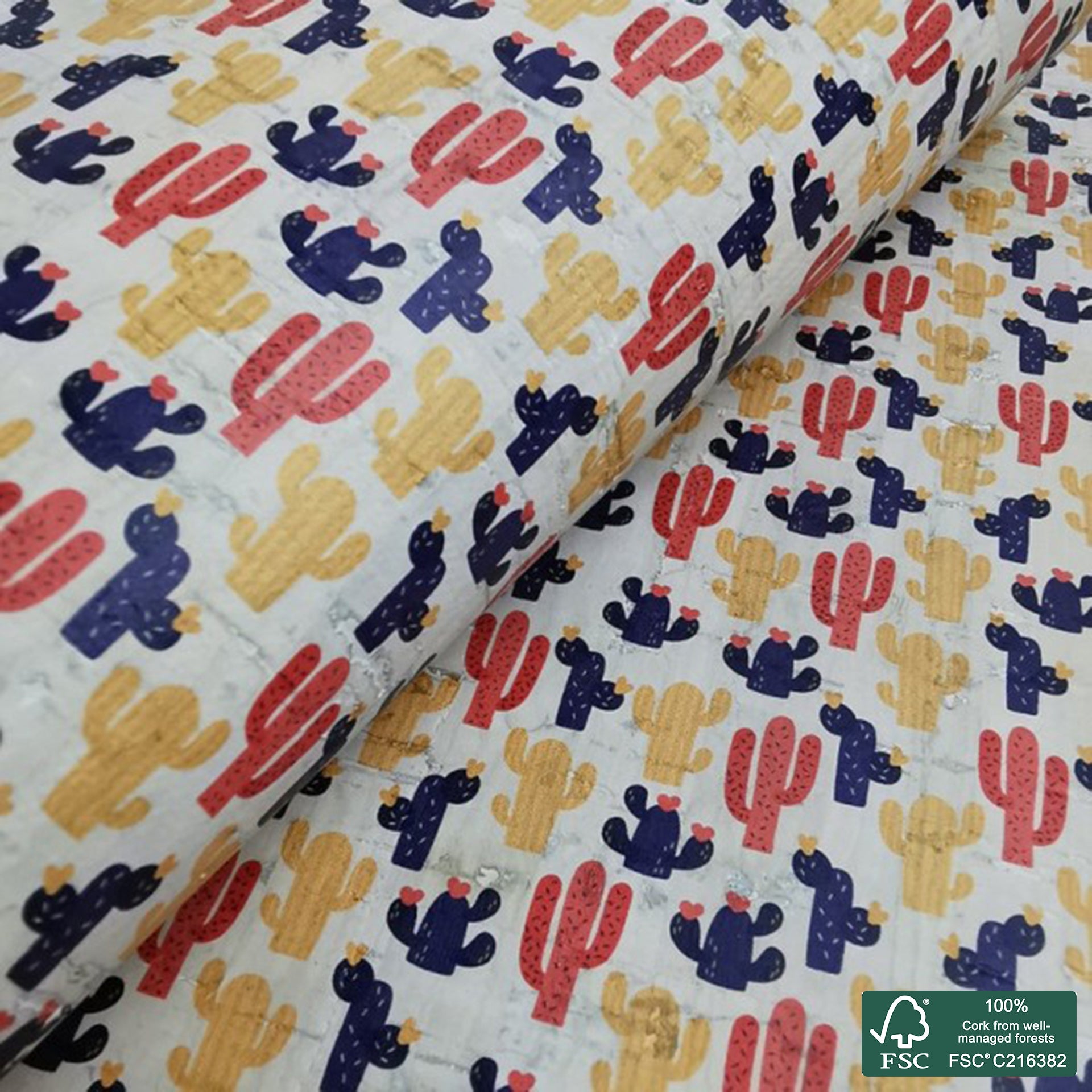 Cactus printed pattern on white cork fabric (314)