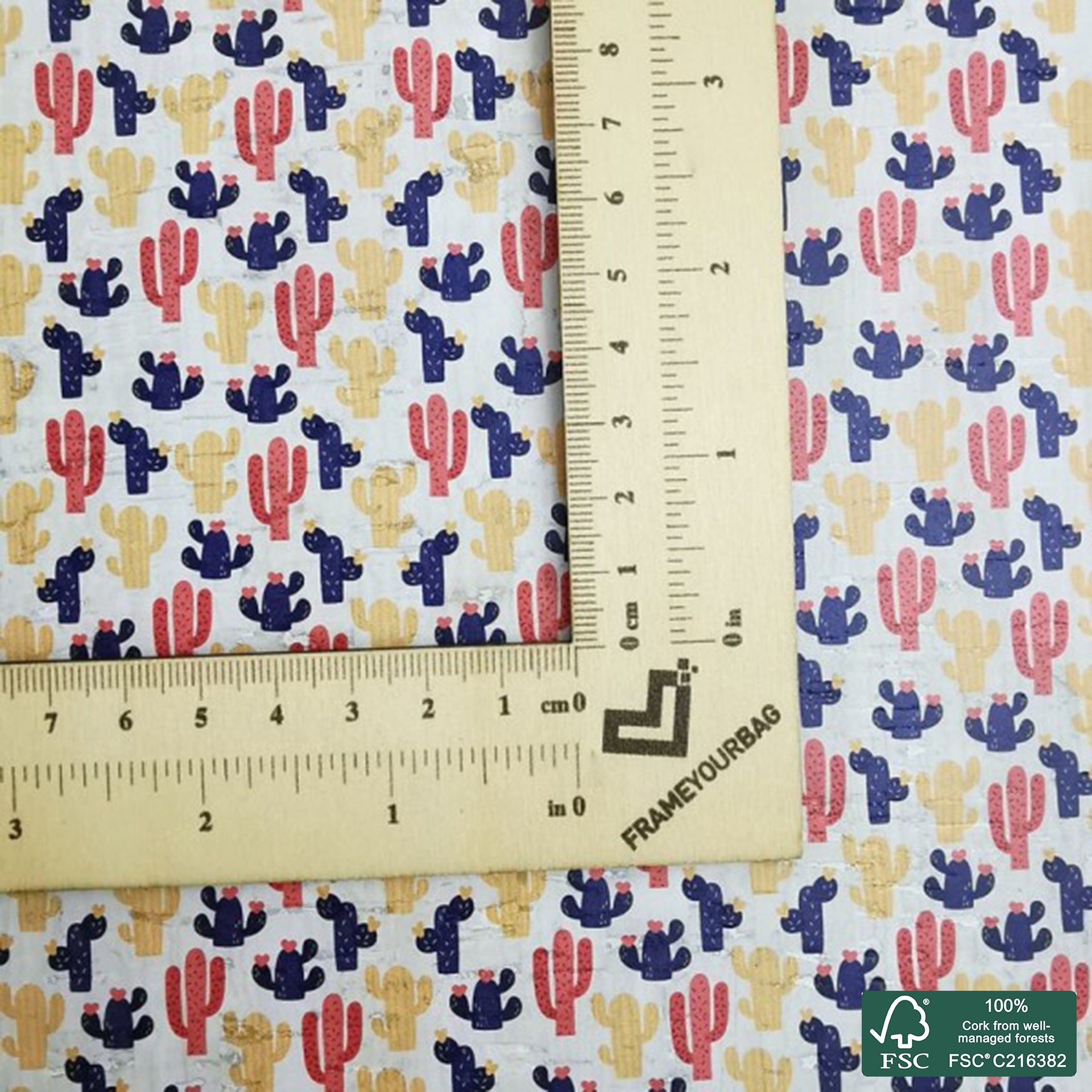 Cactus printed pattern on white cork fabric (314)