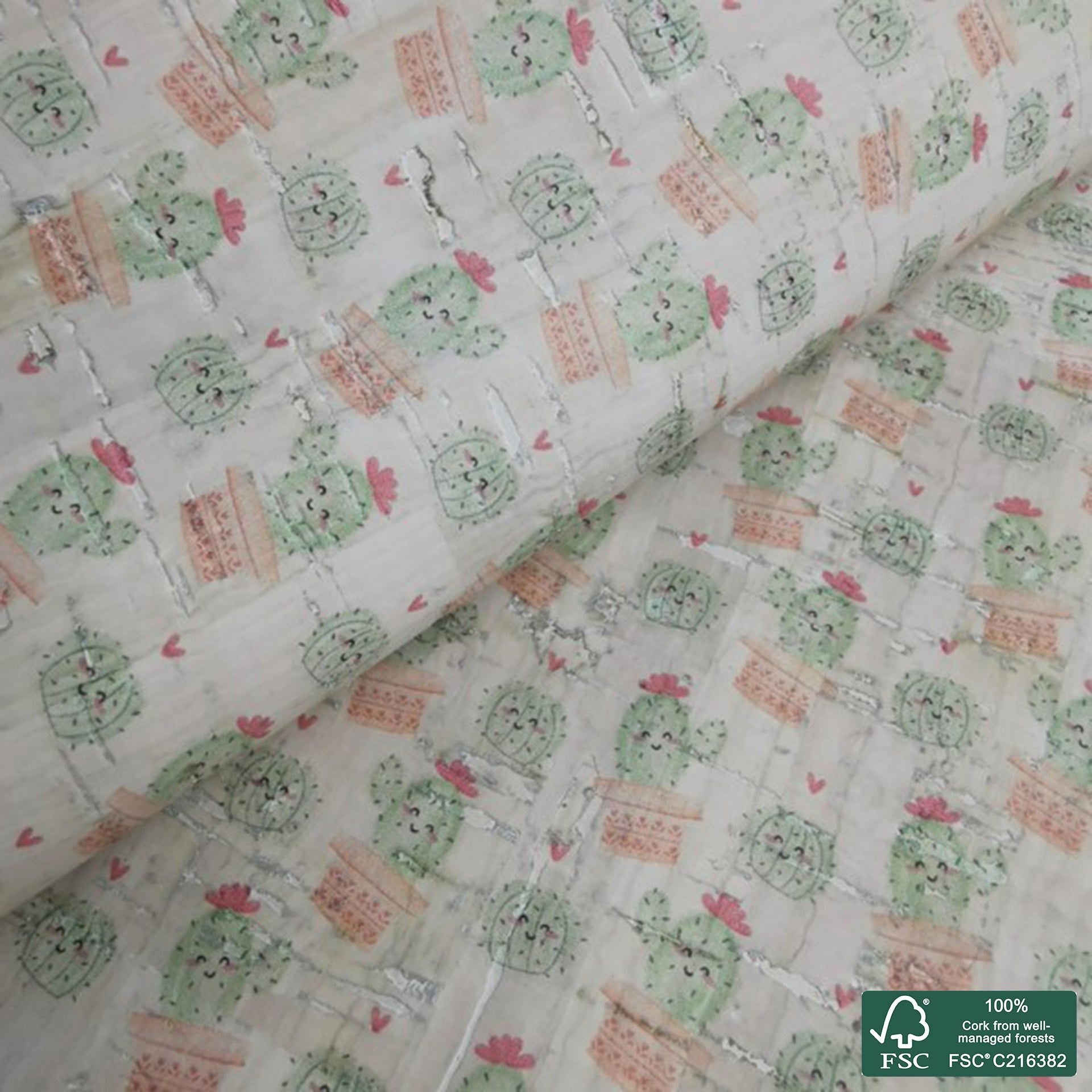 Cactus printed pattern on white cork fabric (315)