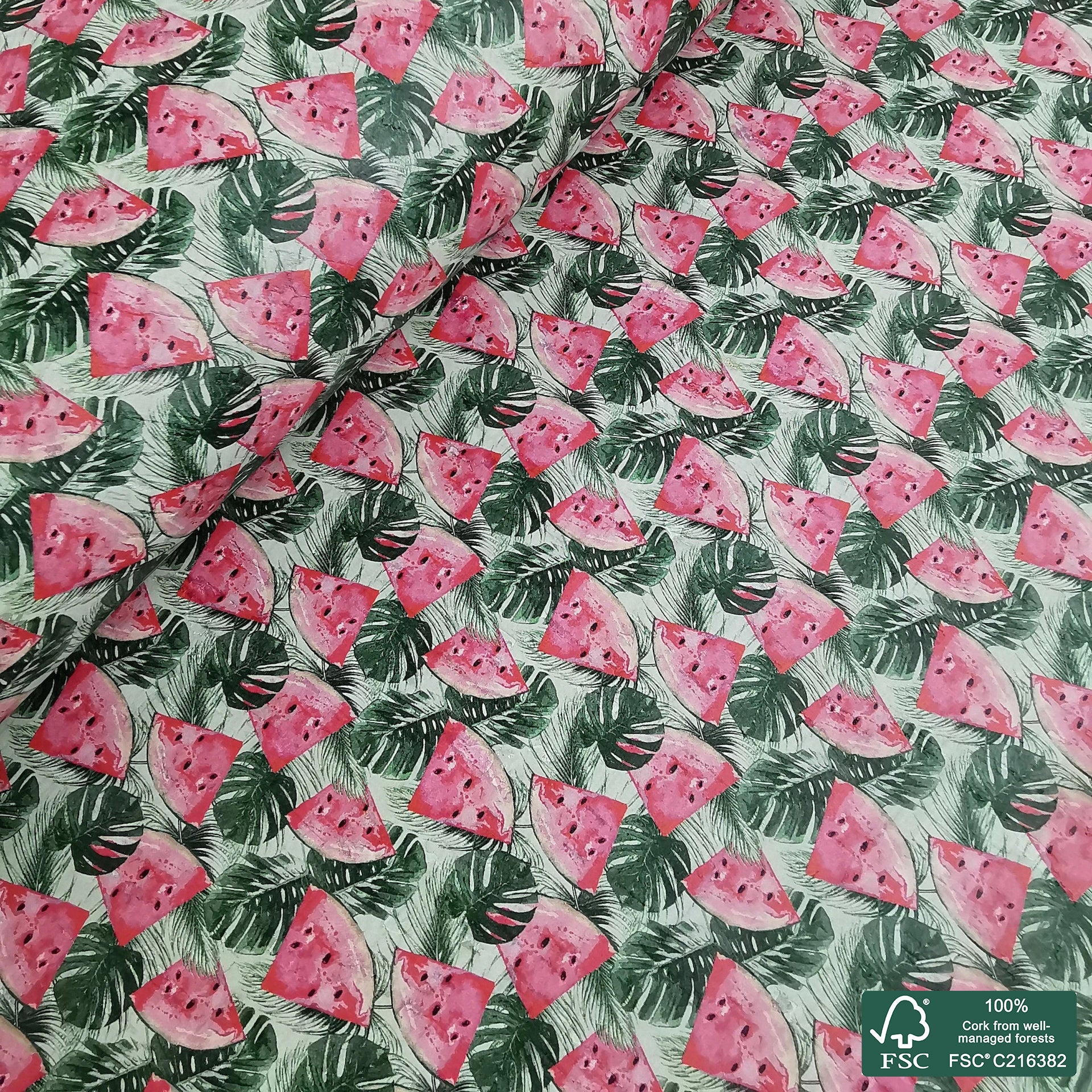 Watermelon printed pattern on white cork fabric (318)