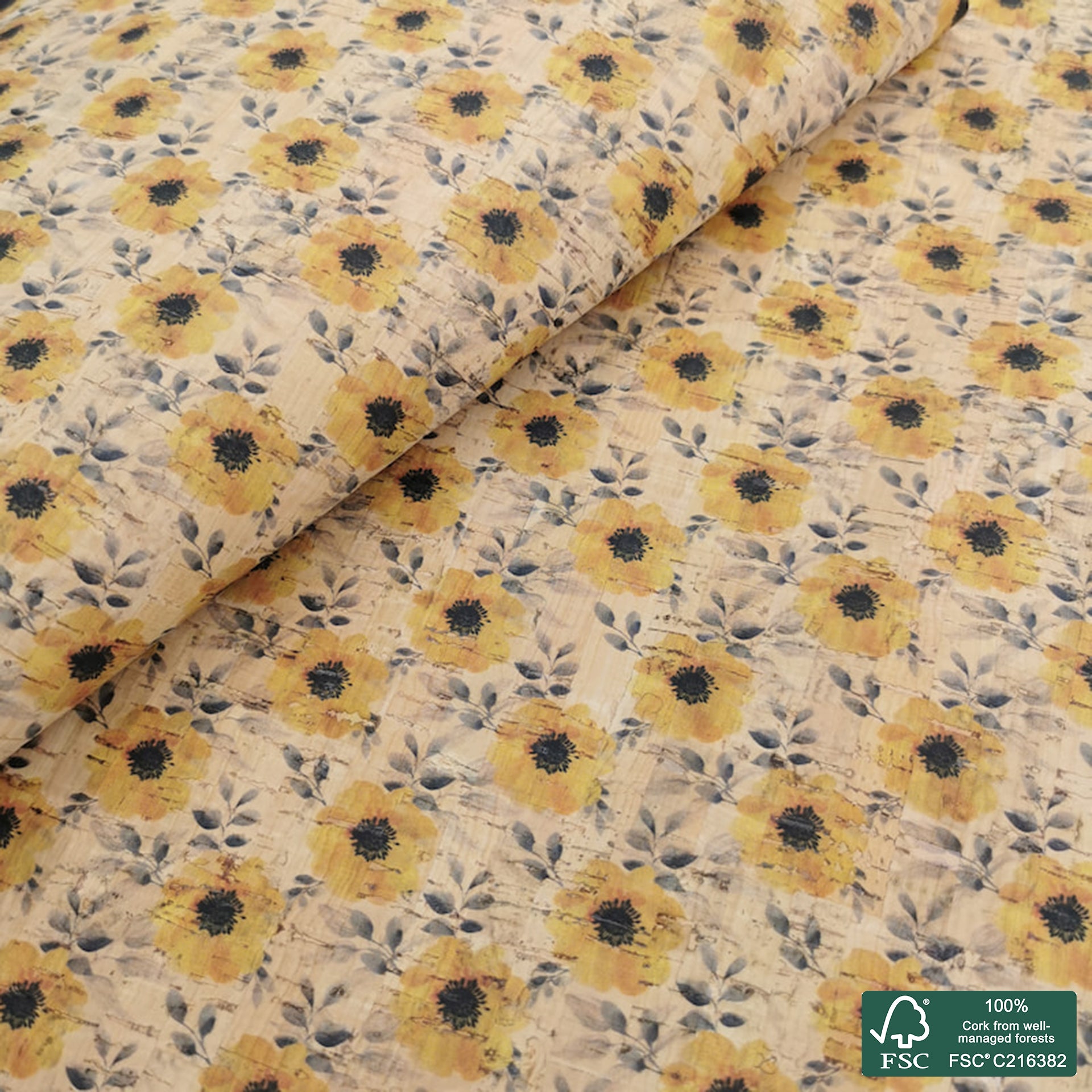 Flowers printed pattern on natural cork fabric (327)