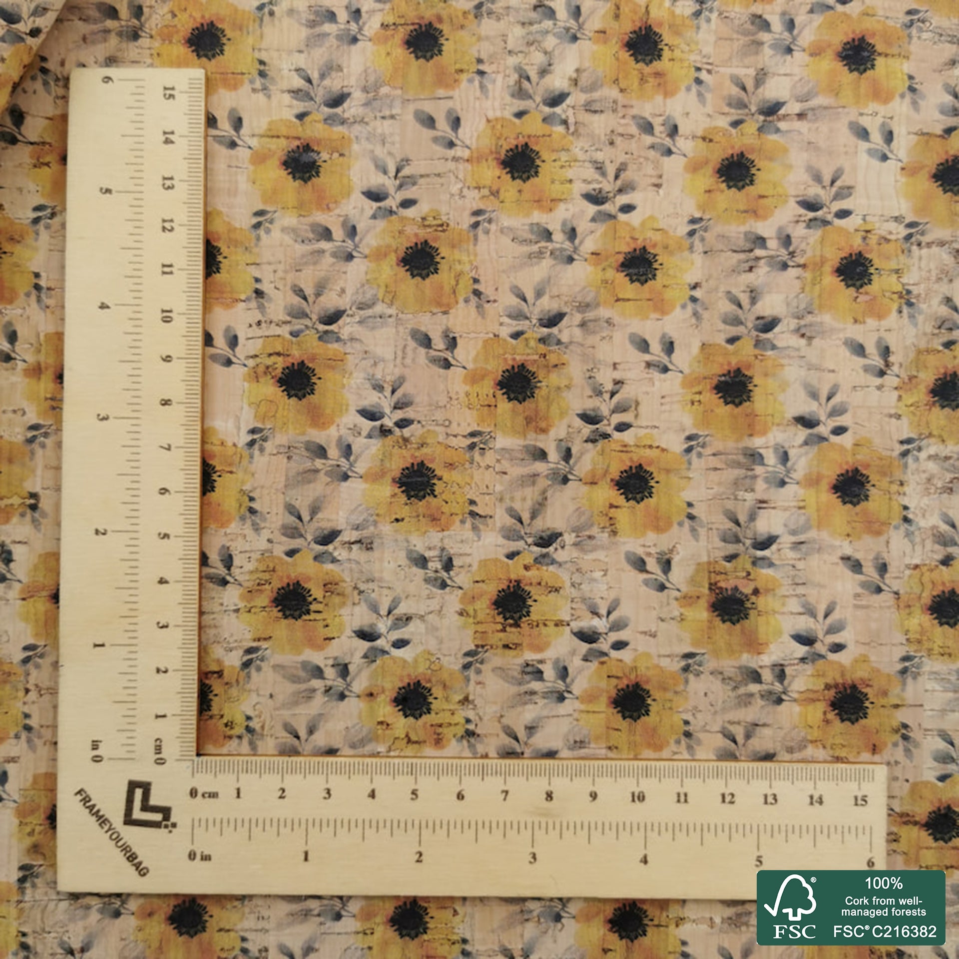 Flowers printed pattern on natural cork fabric (327)