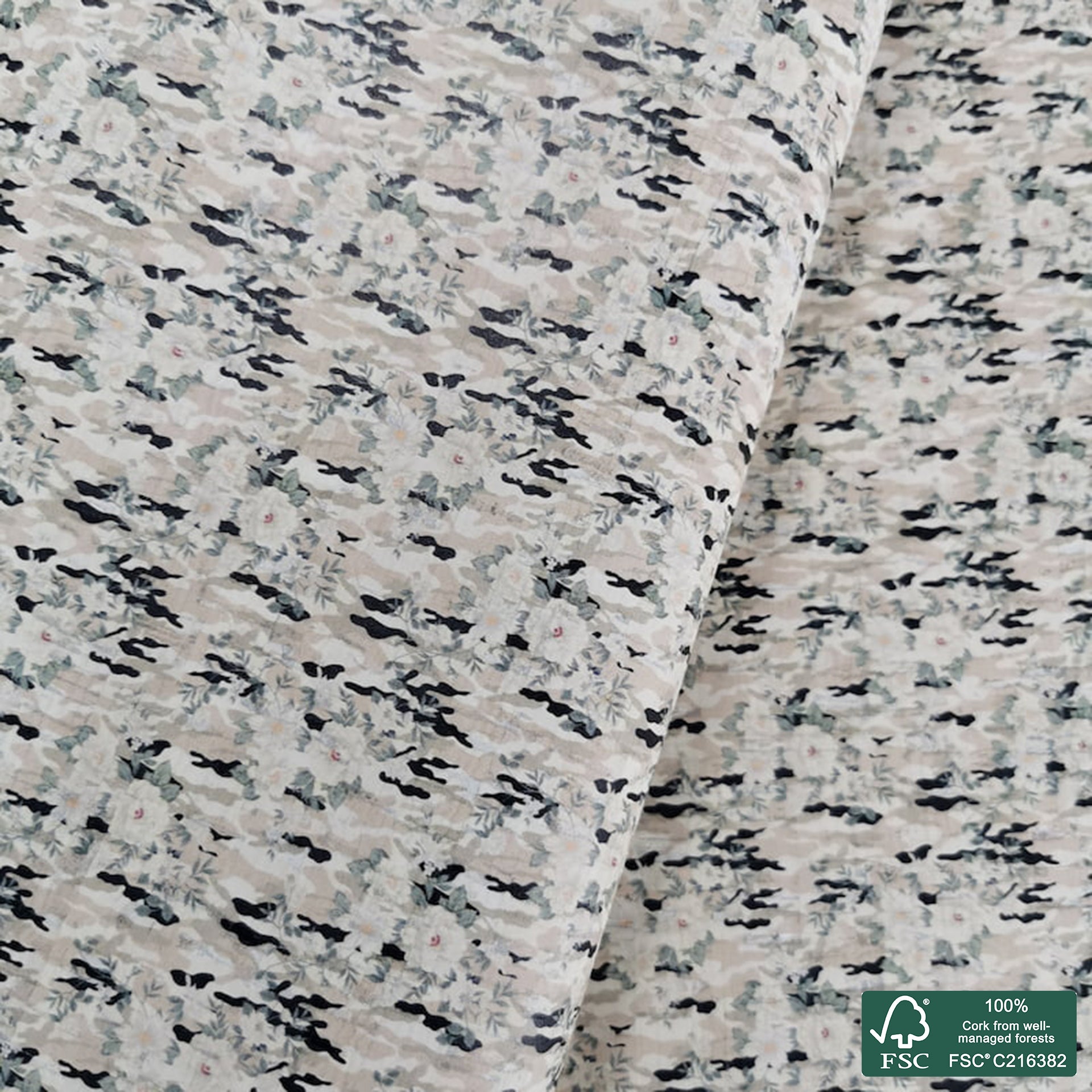 Flowers printed pattern on white cork fabric (329)
